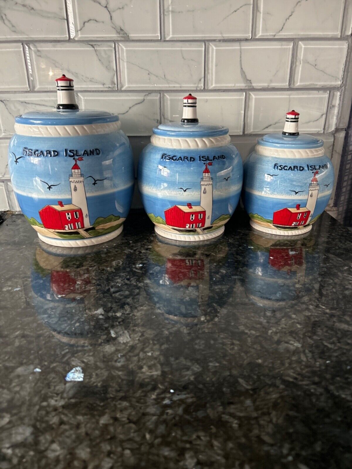 Gorgeous Casa Vero Blue Canisters set of 3 for sugar, flour, rice