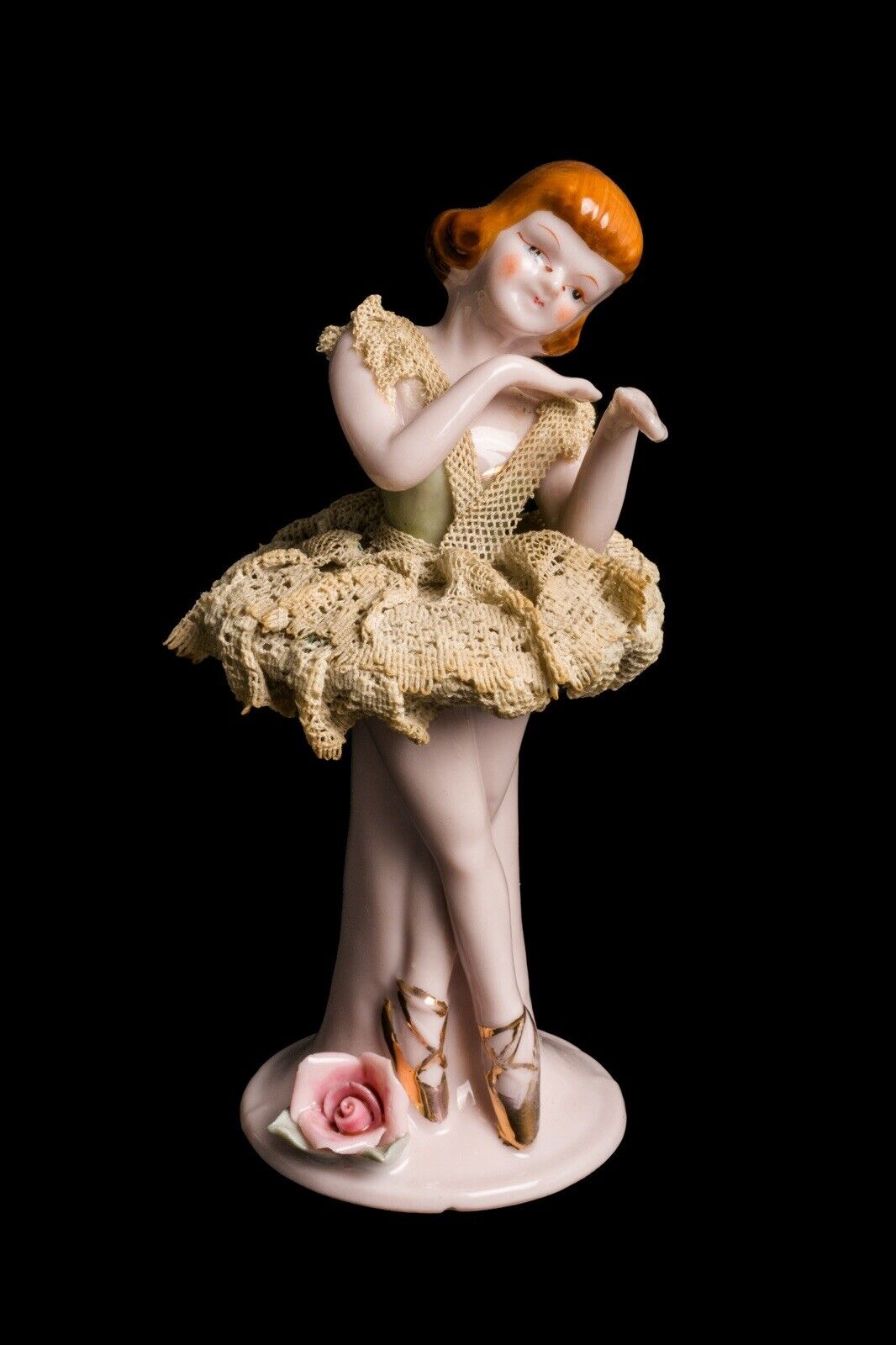 Vintage Dresden Style Porcelain & Lace Ballerina Figurine, Made in Japan, ~5.5”