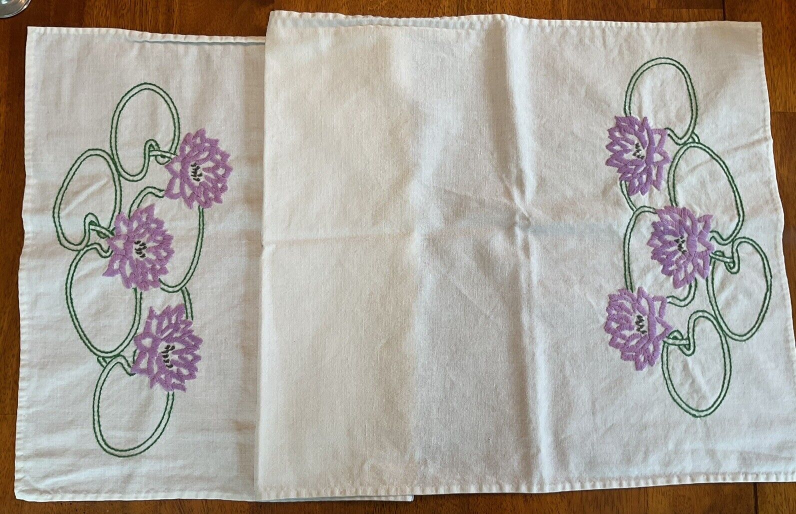 Embroidered Dresser Scarf Buffet Table Runner - Purple Water Lilies - 34” X 15”