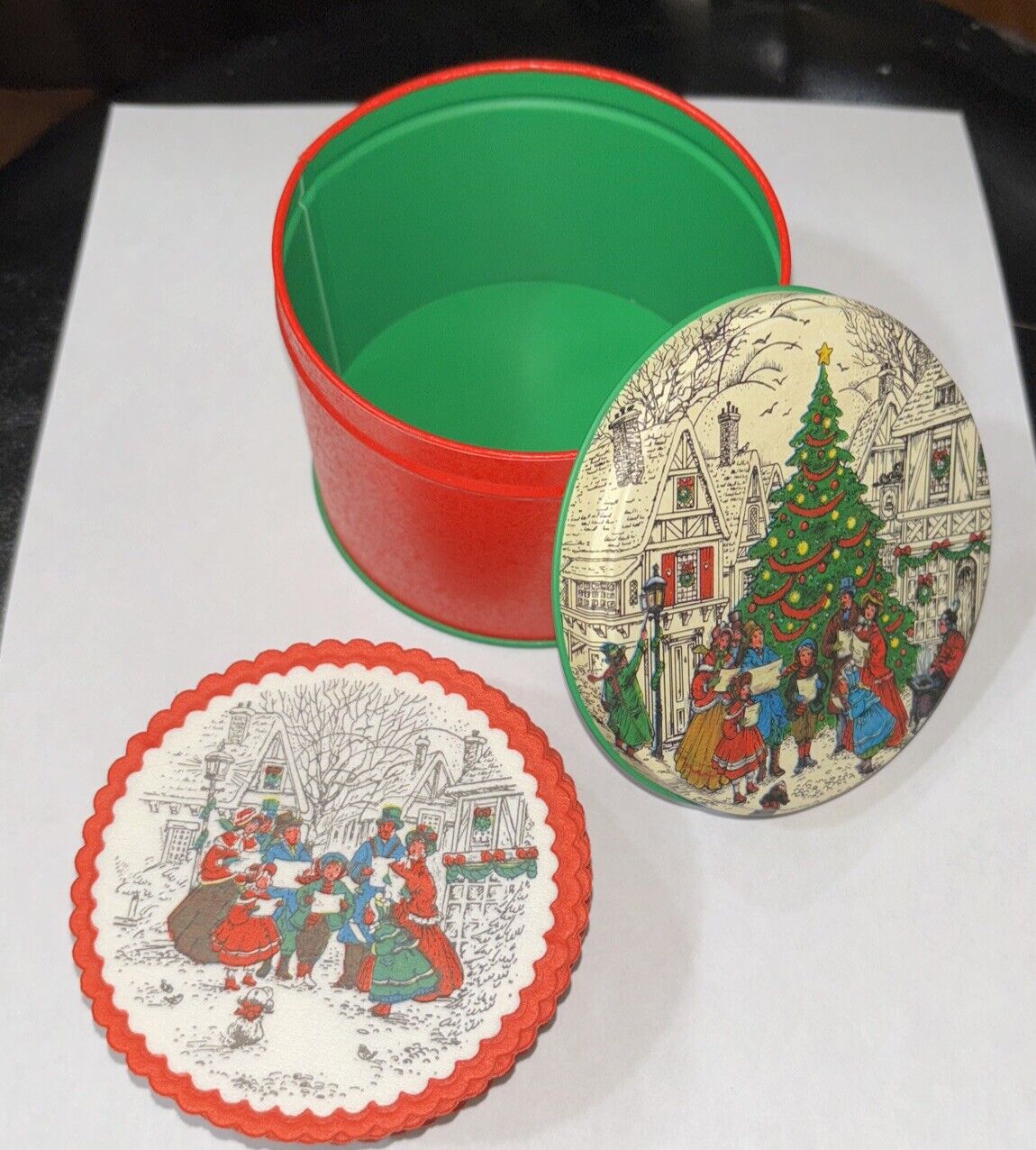 Vintage Round Potpourri Press Can Christmas Tree with 30 Paper Coasters