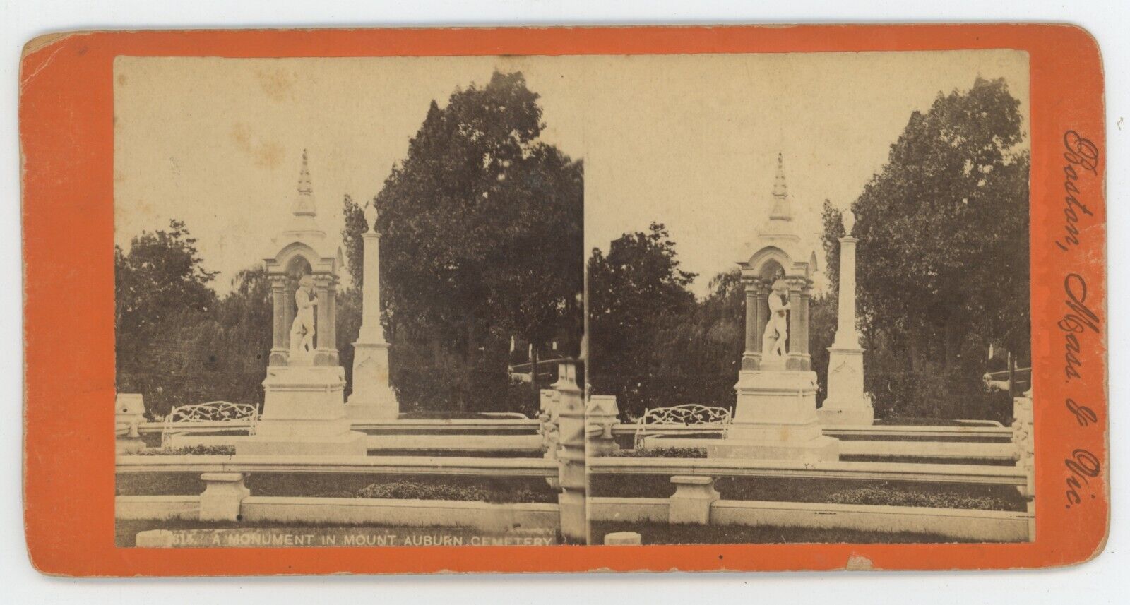 c1900\'s  Real Photo Stereoview A Monument in Mount Auburn Cemetery Boston, MA