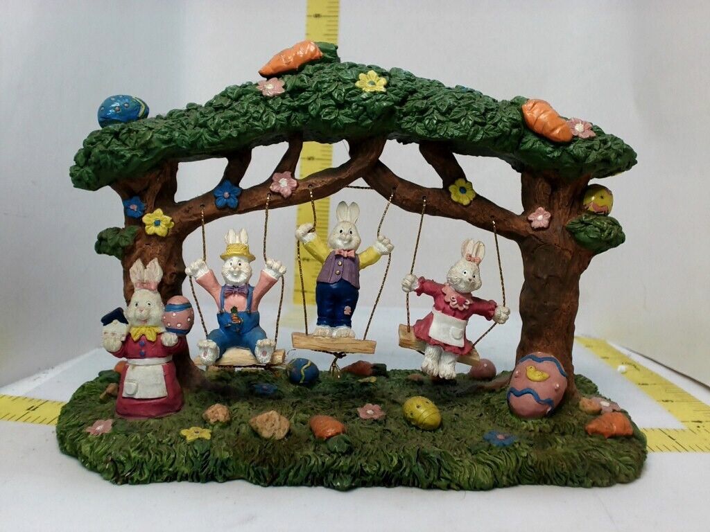 Easter Bunny Family Jubilee Swinging In Trees Sculpture By Jaimy Designs