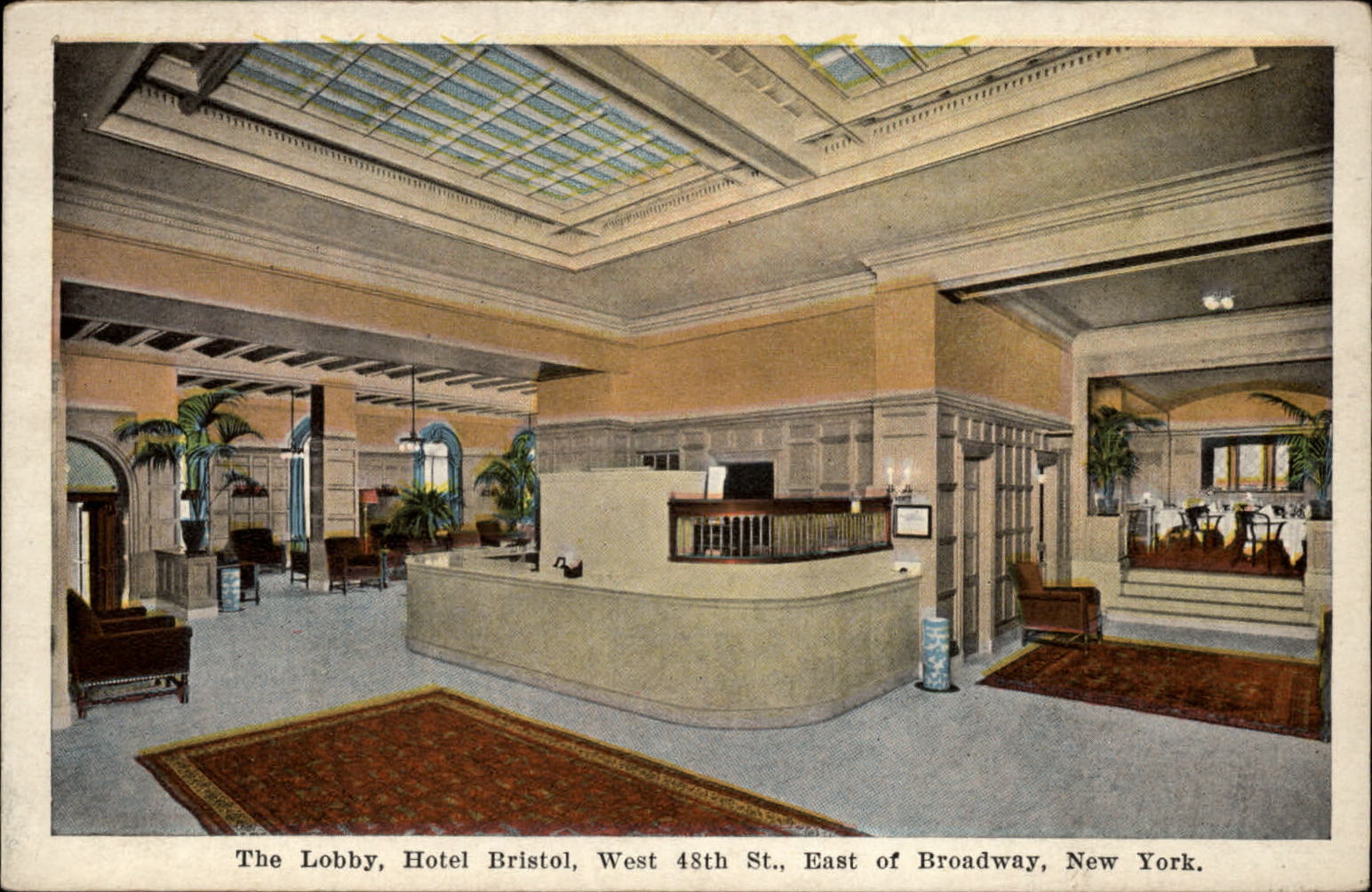 Lobby Hotel Bristol ~ West 48th Street New York City NY ~ 1920s vintage postcard
