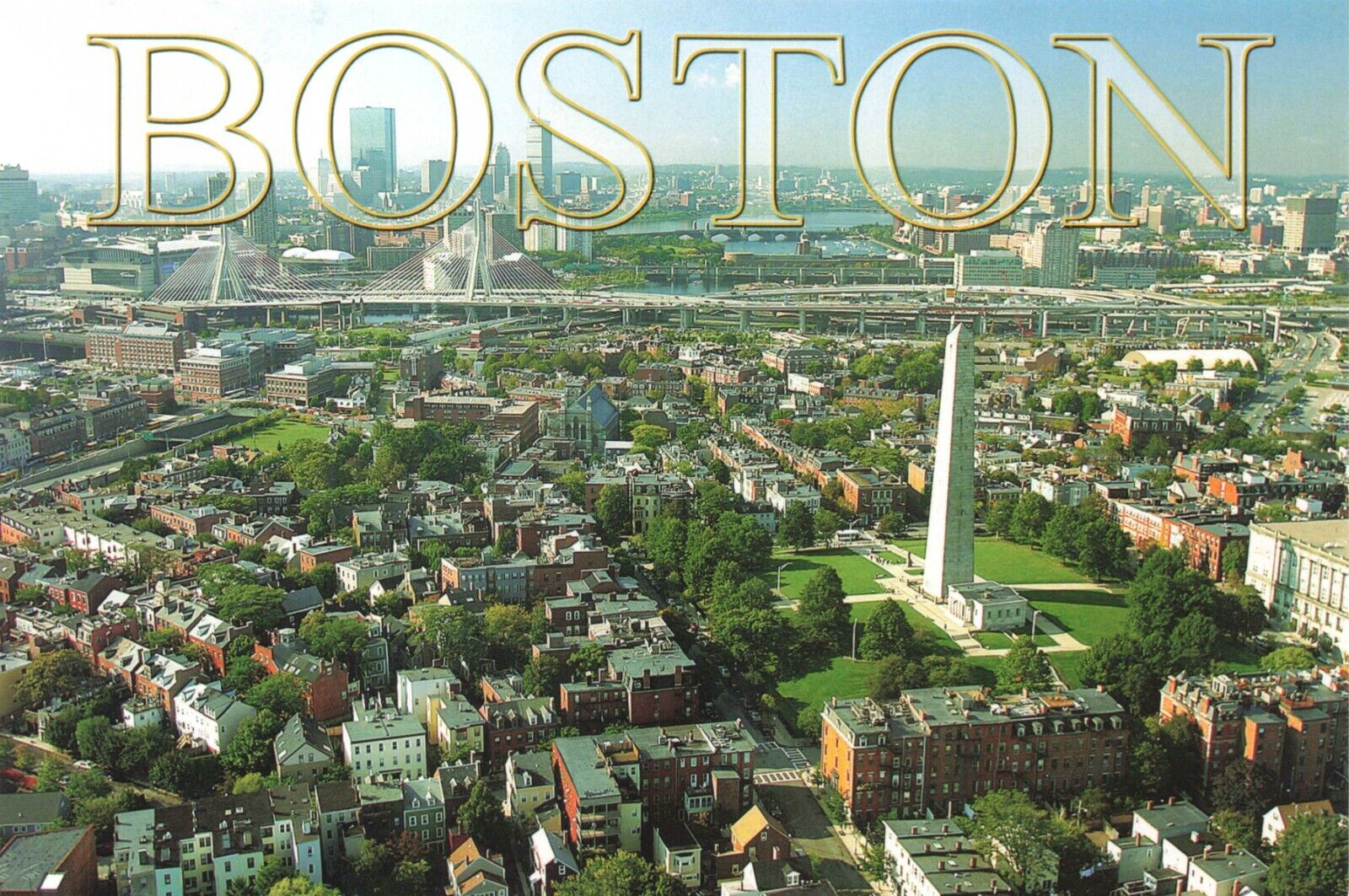 Postcard MA Boston City Skyline and Bunker Hill Monument New England Bridge