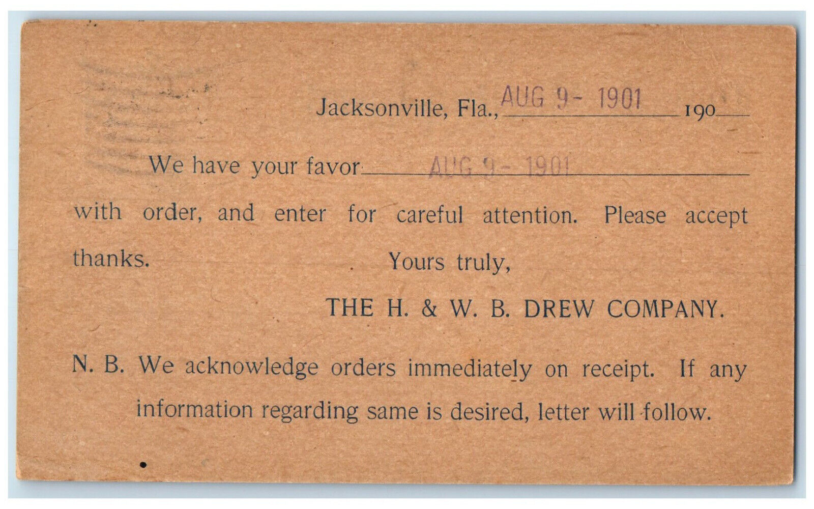 1901 H & W. B. Drew Company Jacksonville Florida FL St. Augustine FL Postal Card