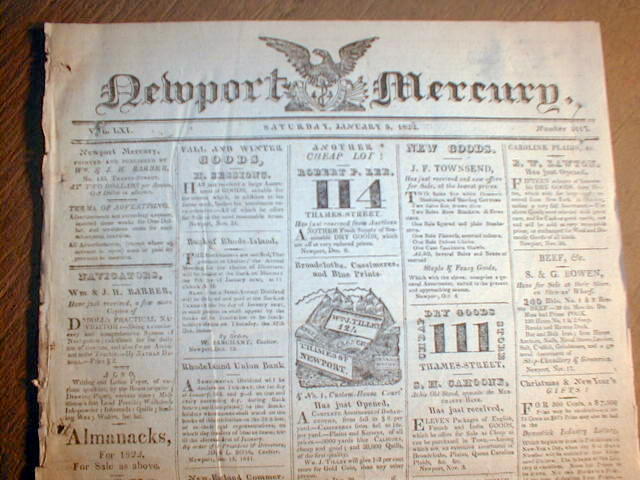 Rare original 1822 Newport Mercury newspaper RHODE ISLAND - 190 years old 