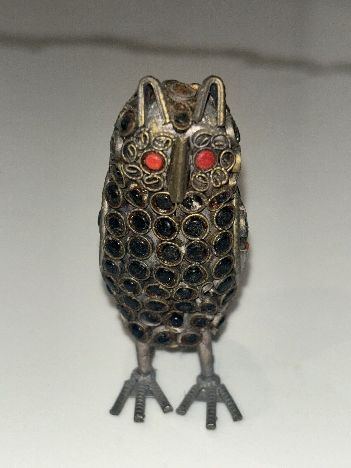 Vtg TIBETAN NEPALESE BRASS Filigree Owl Figurine ONYX CORAL TURQUOISE 2.25”