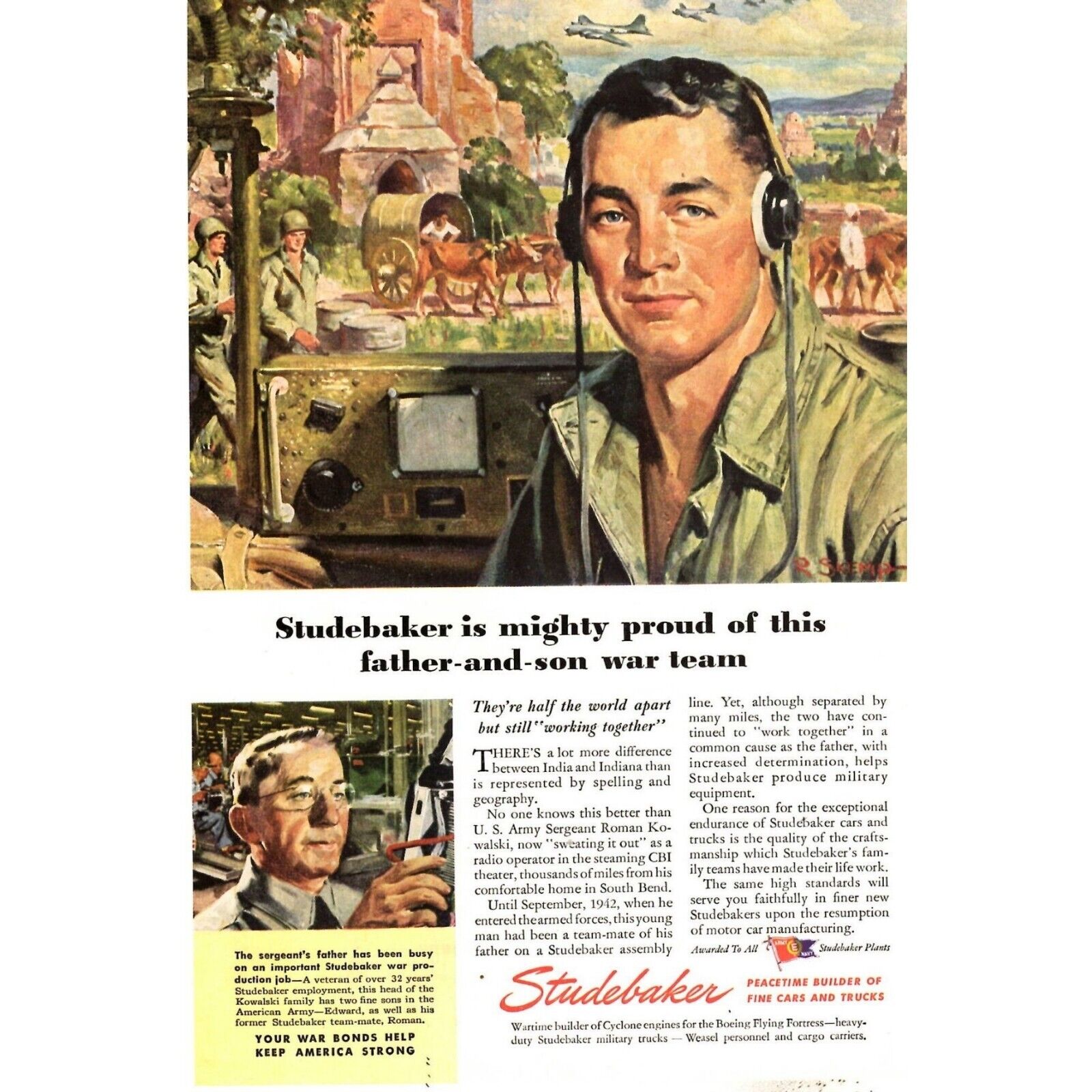 1945 Studebaker Peacetime Builder of Cars and Trucks WWII Print Ad Father & Son