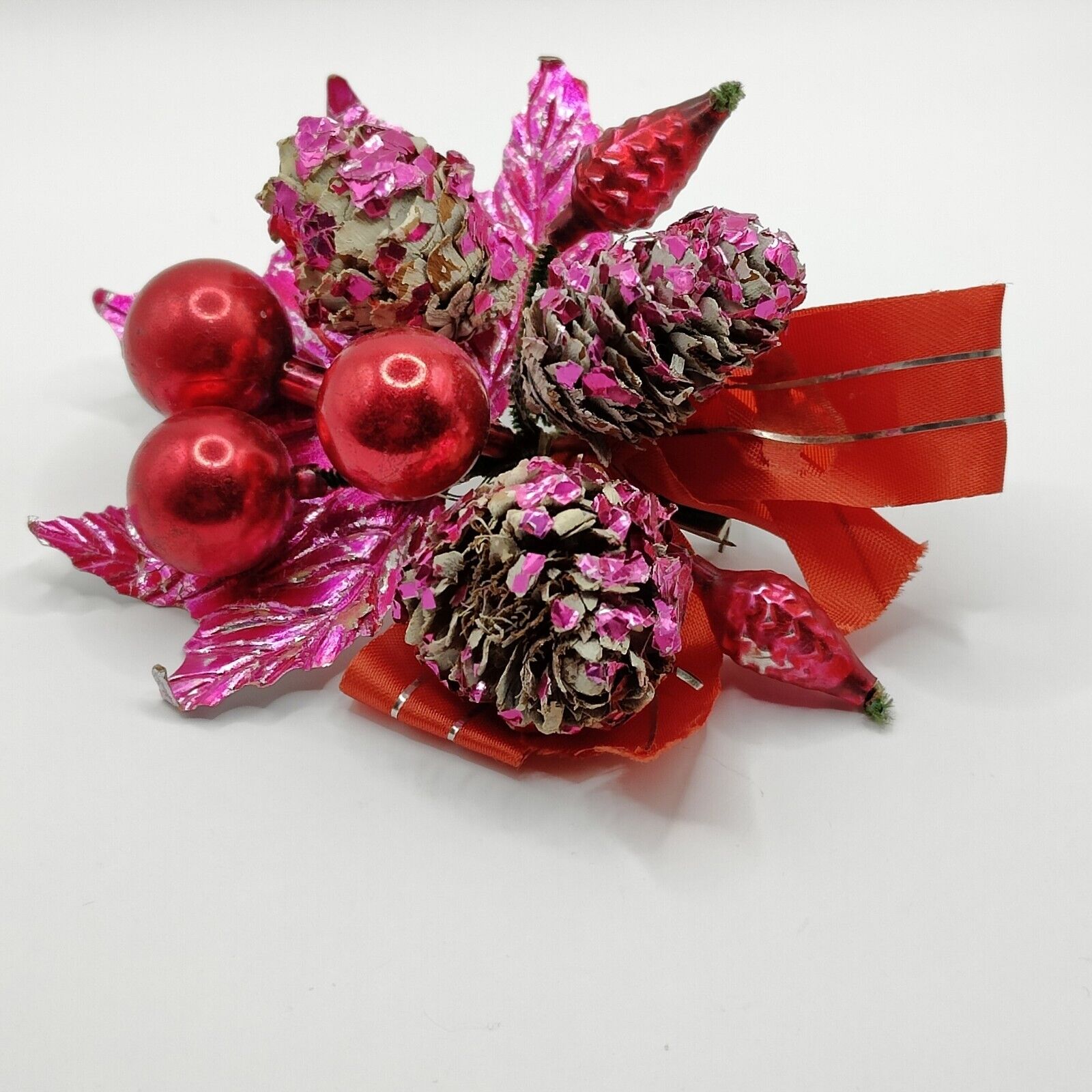 Vintage 50\'s Christmas Corsage W/Foil Leaf  Mercury Glass Pinecones Pink Red