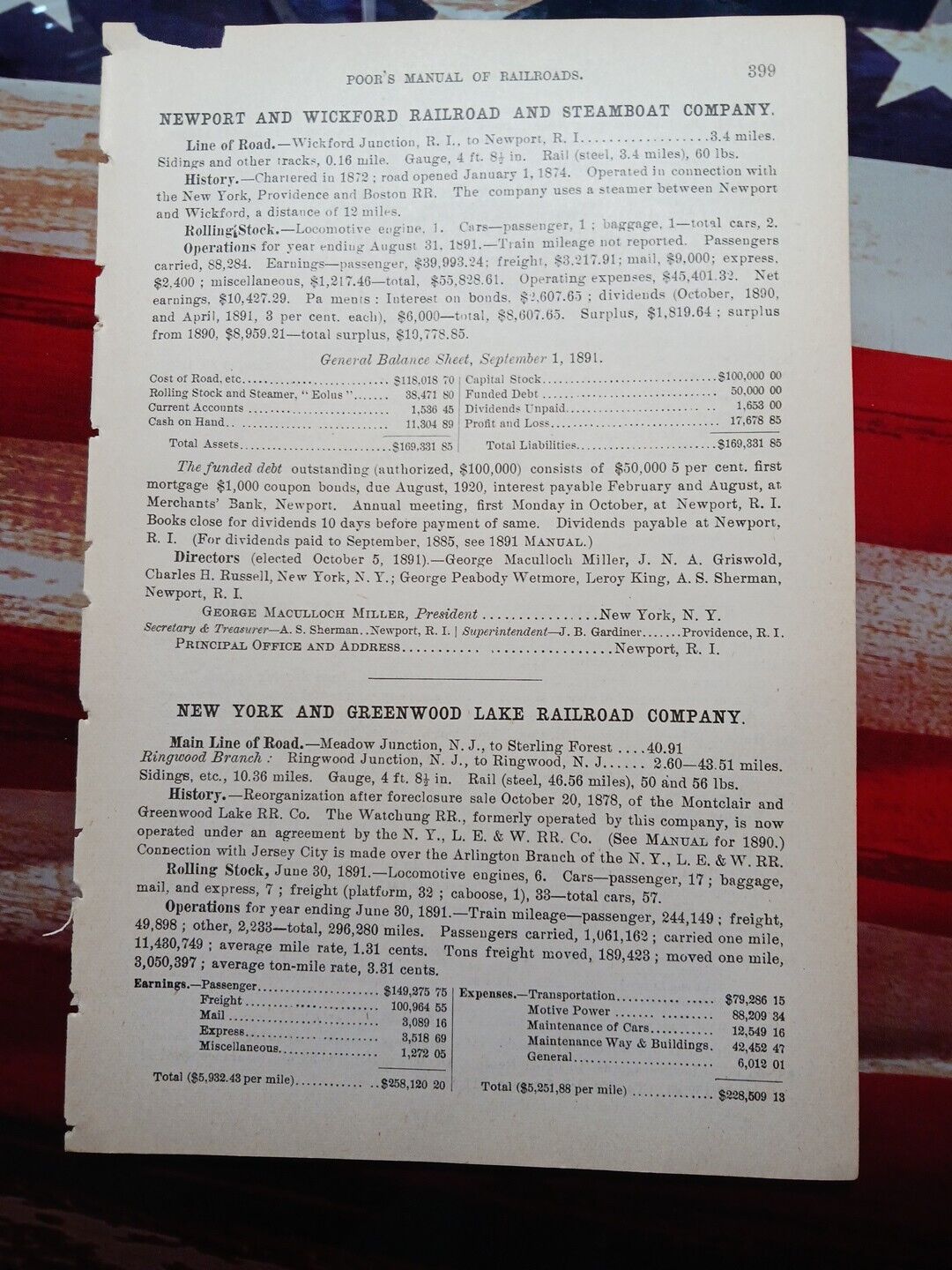 ~1892 Train Report NEWPORT & WICKFORD RAILROAD  STEAMBOAT COMPANY Rhode Island