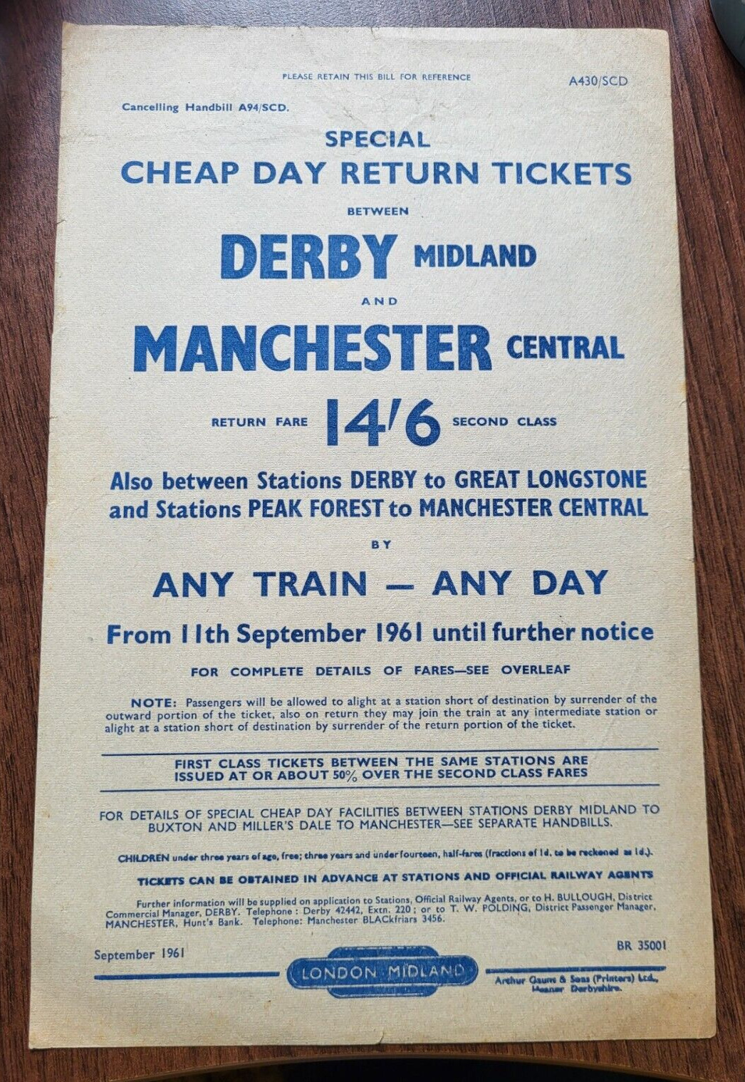 1961 BR LONDON MIDLAND  Handbill Cheap Day Return Tickets Derby Manchester