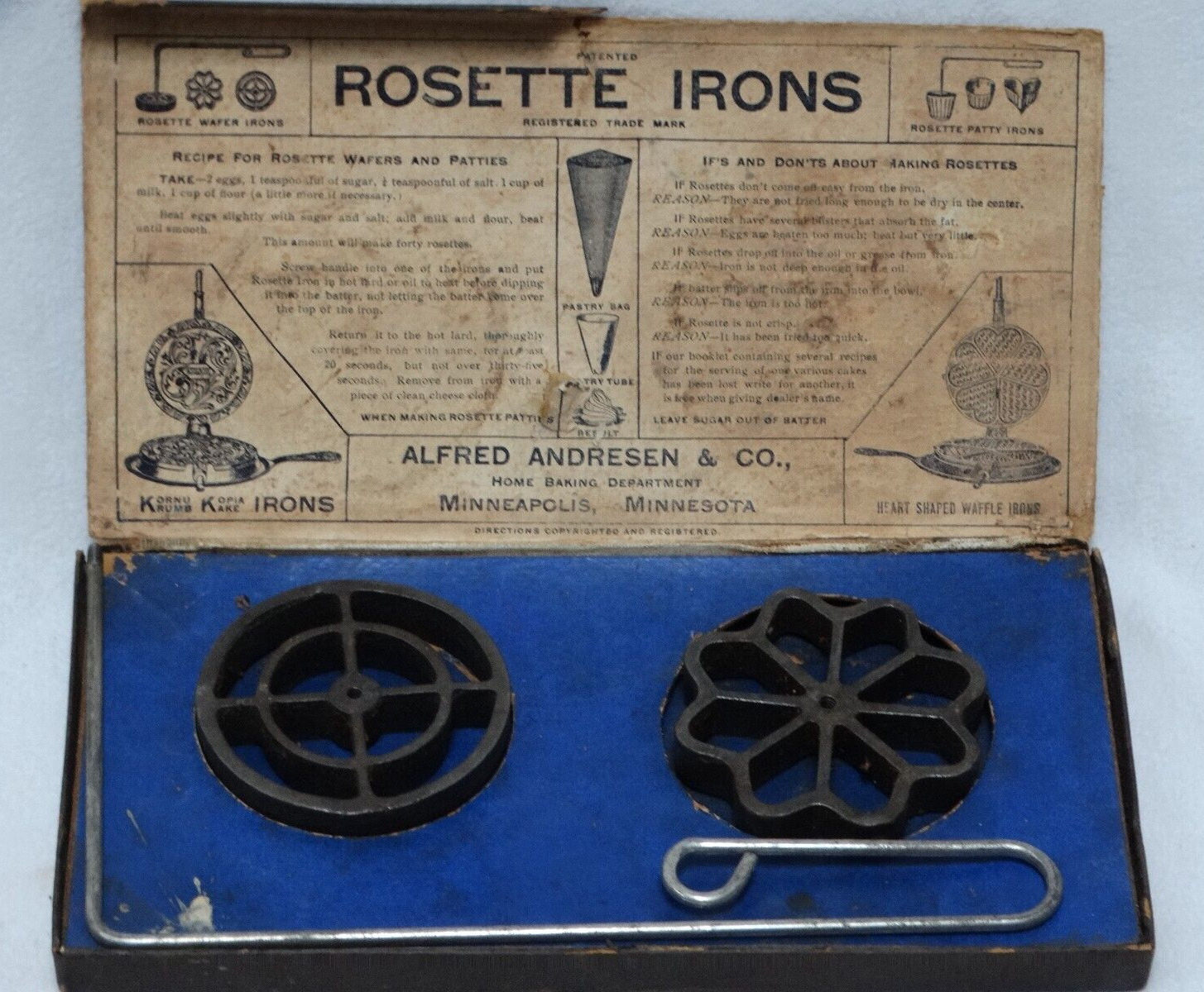 Antique Rosette Irons w/ Original Box/Recipe Alfred Andresen & Co. 1893 - 1913