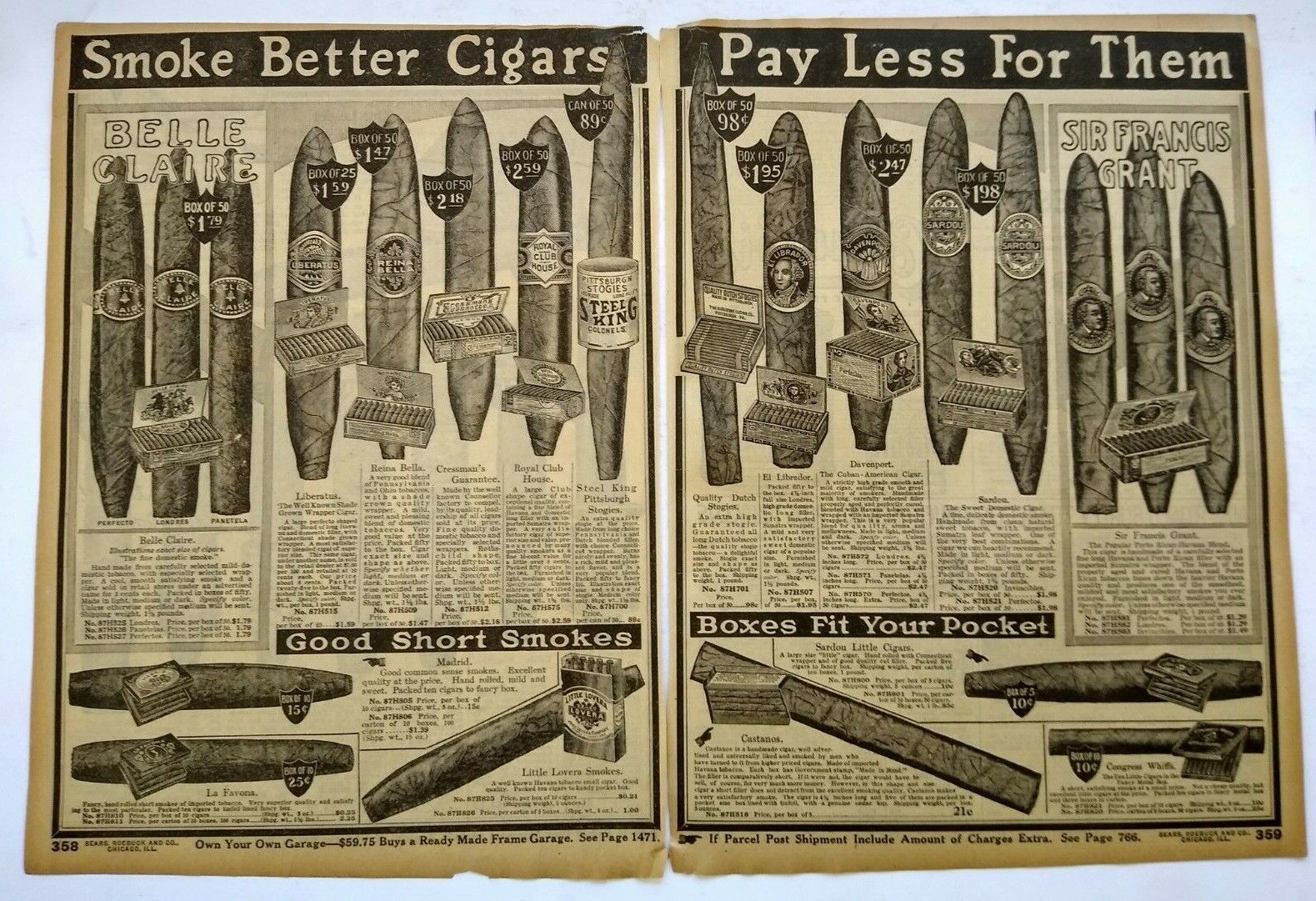 1917 Cigar Art Tobacciana Sears Catalog Page Vintage Print Ad