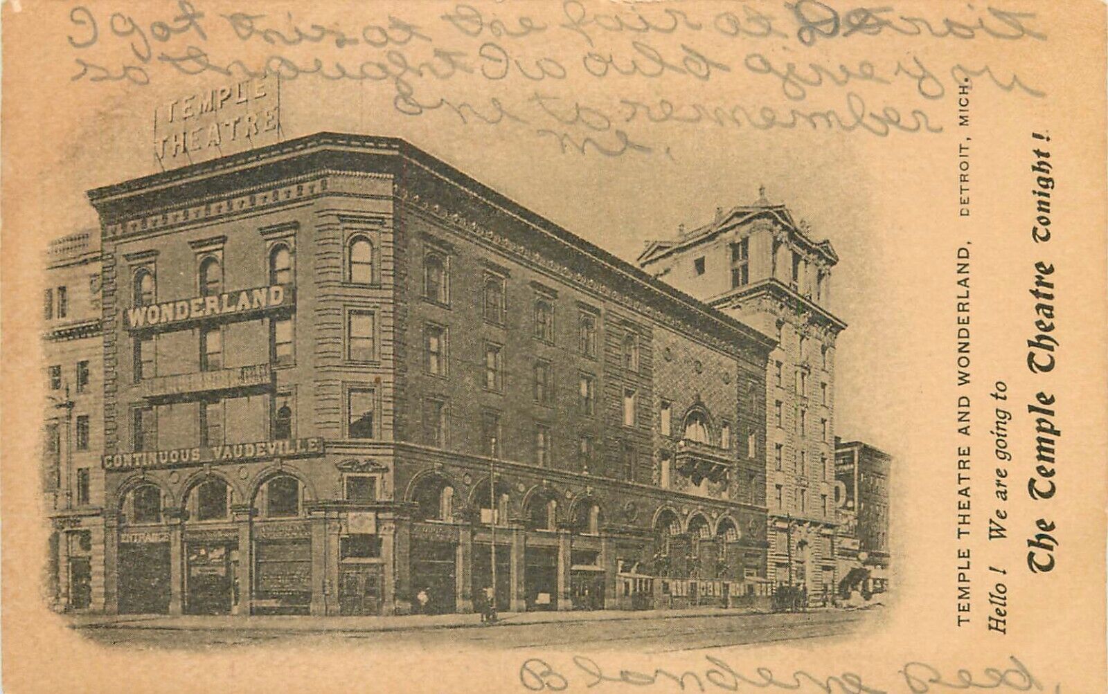 c1905 Elks Temple and Wonderland Vaudeville Theatre, Detroit, Michigan Postcard