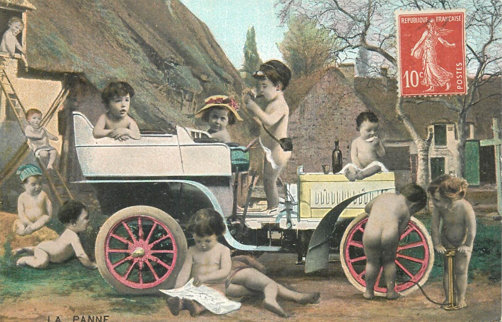 Surrealism multi babies automobile flat tire fantasy