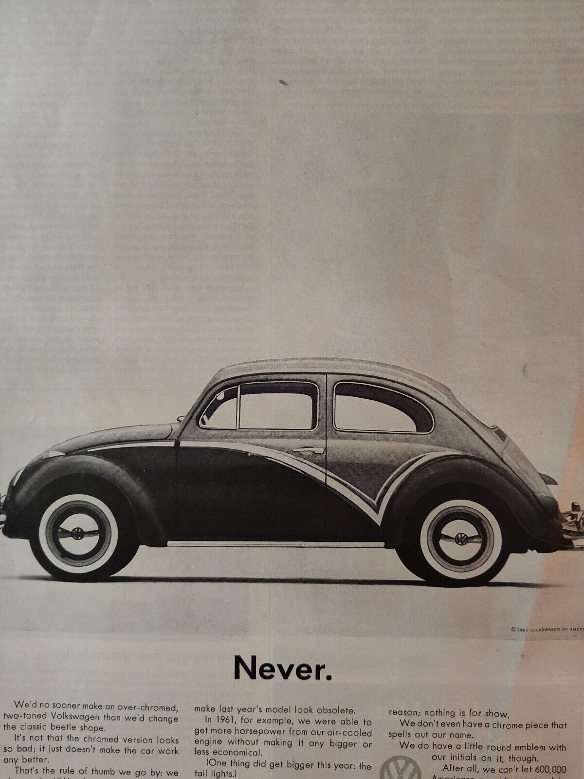1961 Holiday Original Art Ad Advertisement VOLKSWAGON will never change