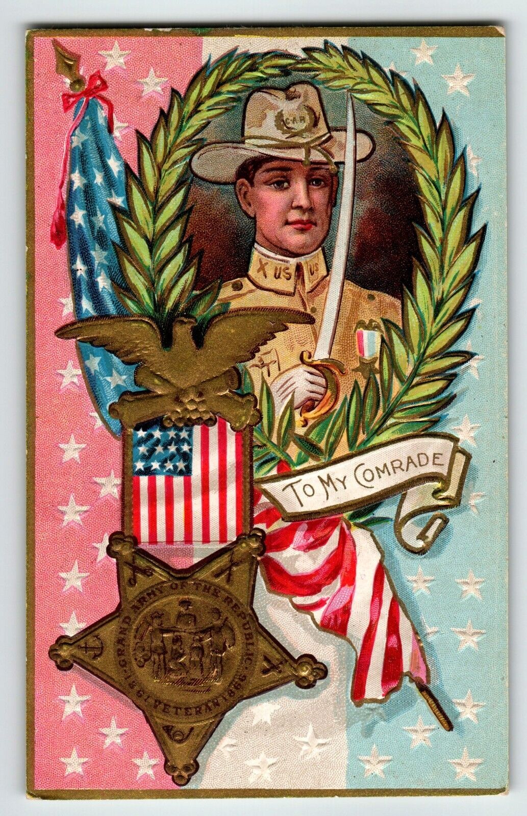 Memorial Decoration Day Postcard Soldier Sword Flag Wreath Eagle Badge Patriotic