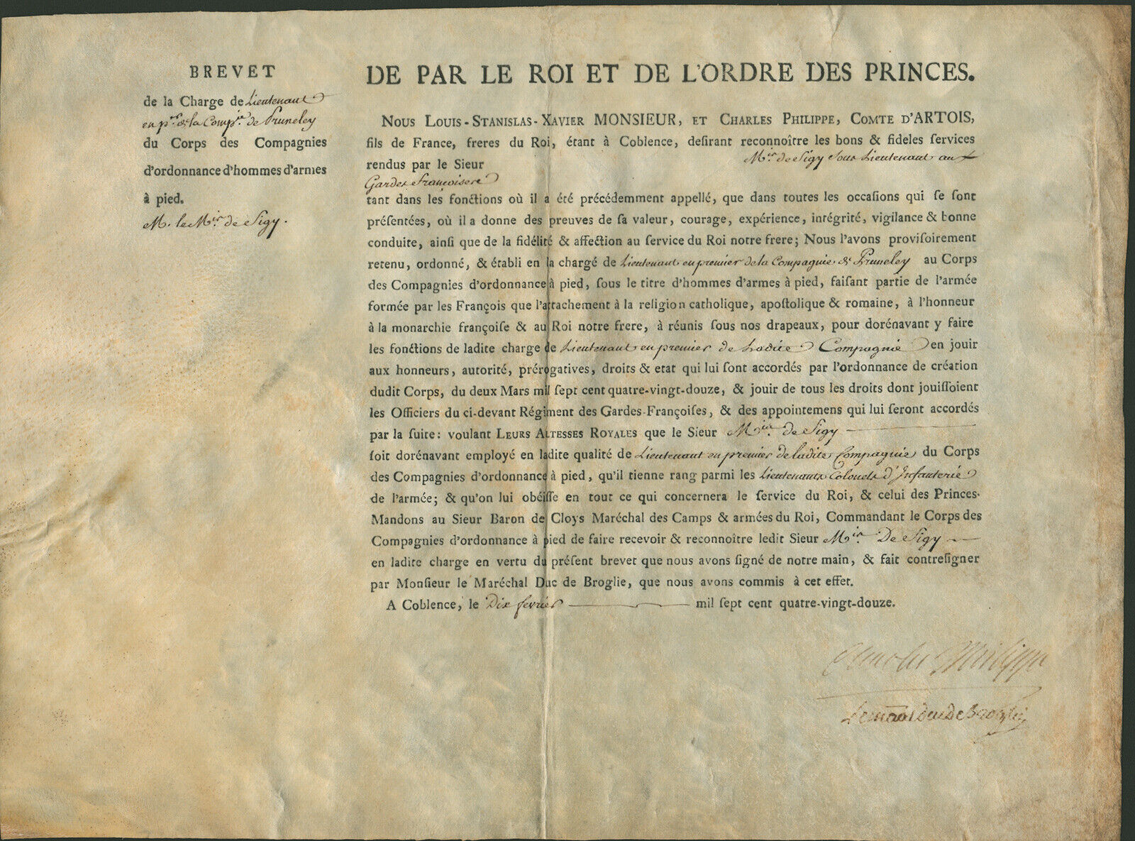 KING CHARLES X (FRANCE) - MILITARY APPOINTMENT SIGNED 02/10/1792