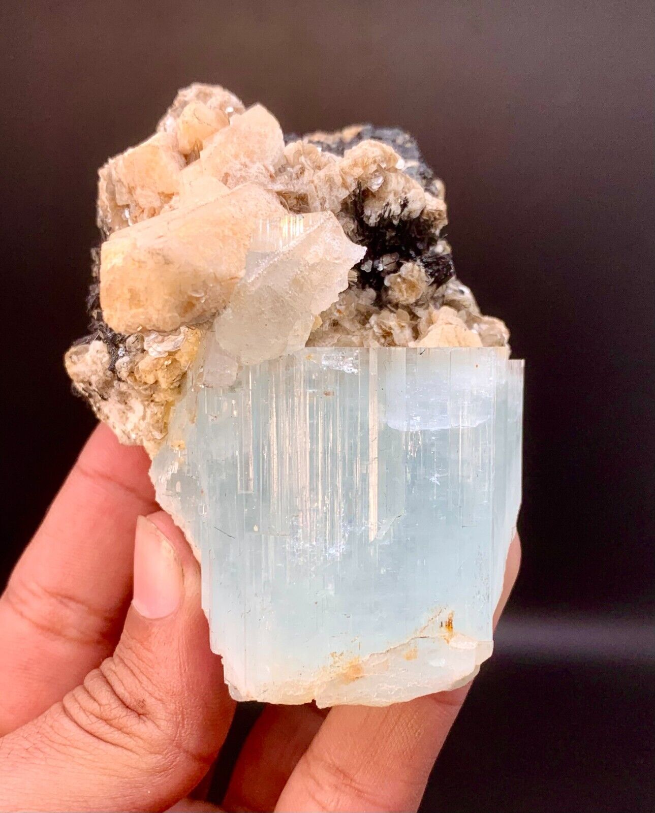 Aquamarine Crystal Combine With Black Tourmaline And Feldspar. 215 Gram