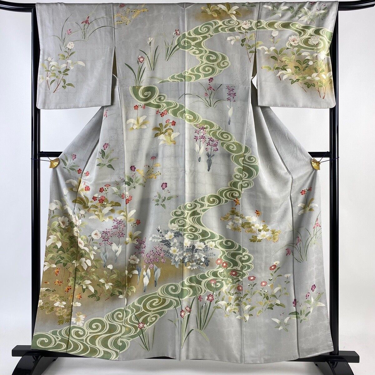Kimono Homongi  Length 160.5Cm Sleeve 66Cm M Lined With Flowers, Flowing Water,