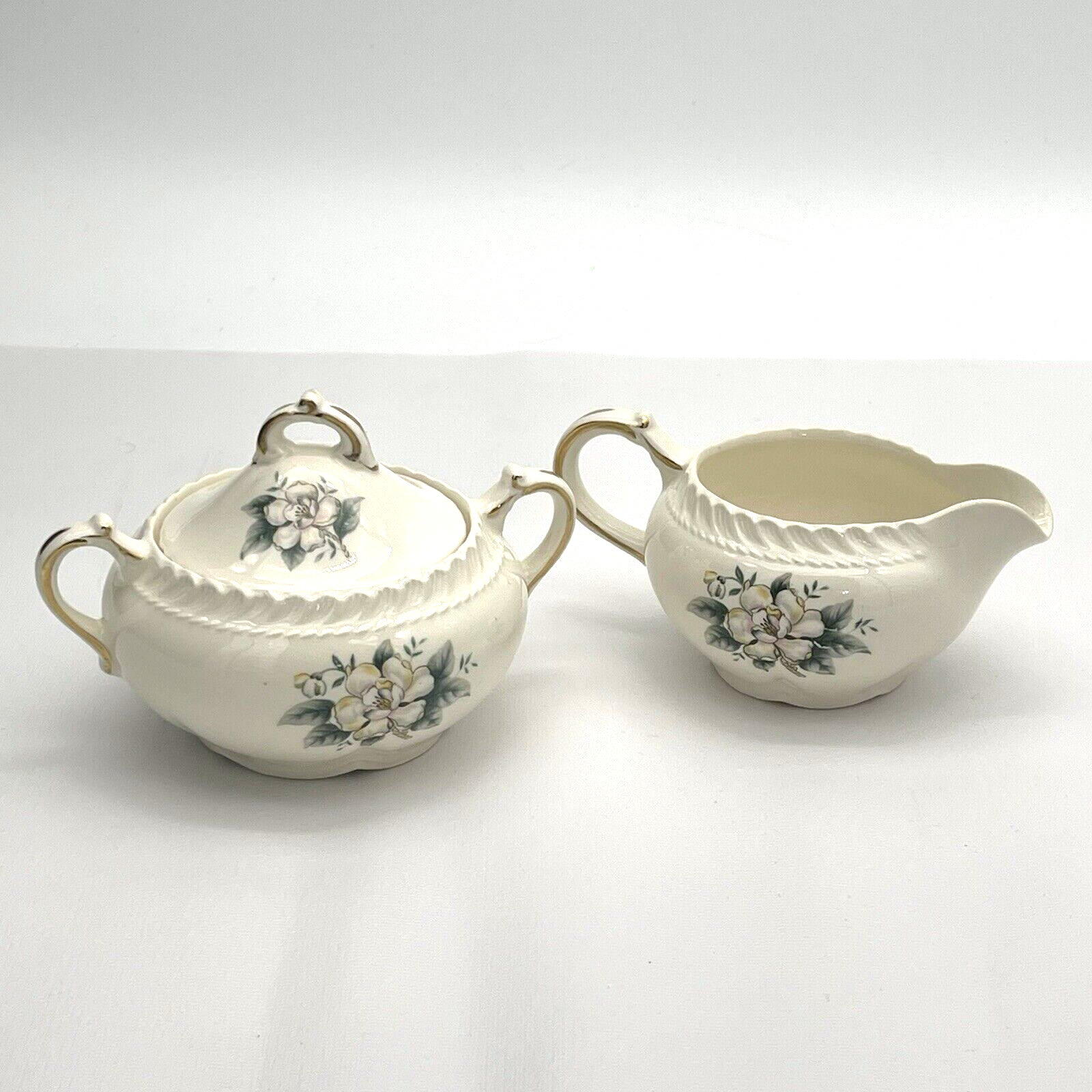 Creamer & Sugar Bowl with Lid by Harker Pottery Royal Gadroon Magnolia 1940's