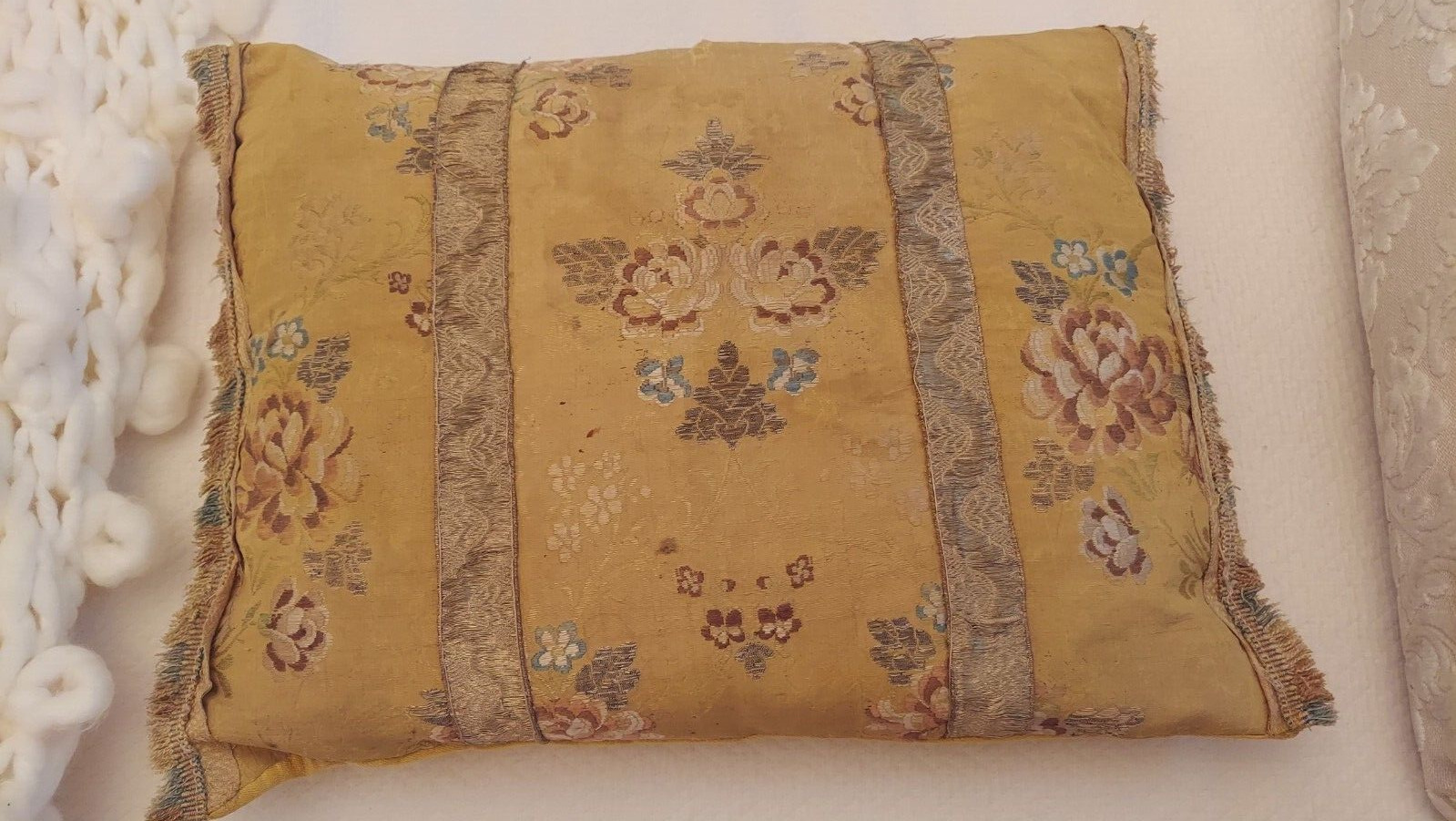 ANTIQUE Yellow Silk Metal Floral Pillow