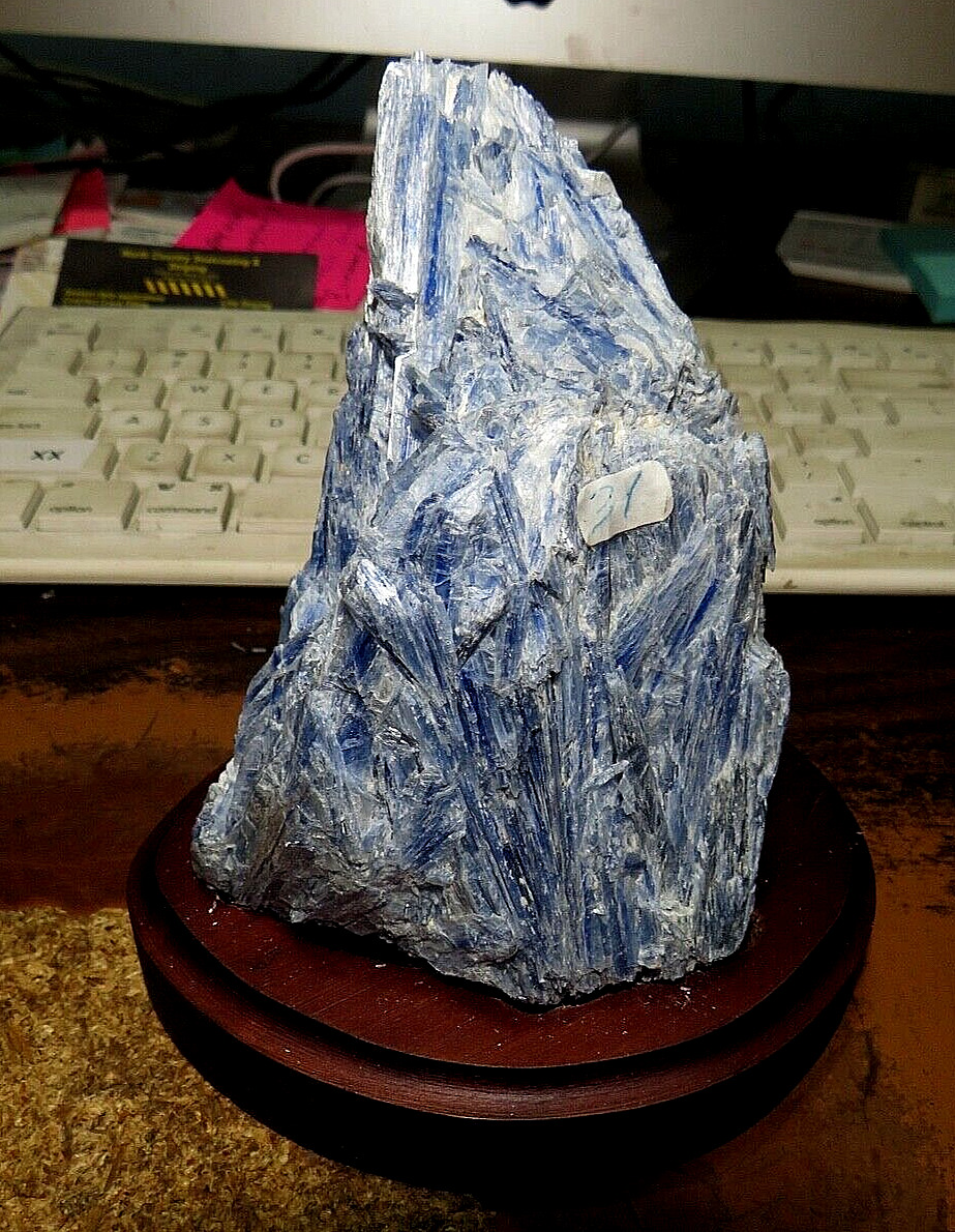 GORGEOUS TALL SPECIMEN OF BLUE KYANITE IN A WOOD STAND