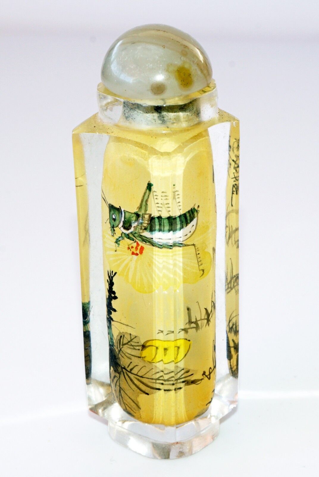 20C Chinese Square Inside Painted Glass Snuff Bottle w. Hard-stone Stop (Pal)