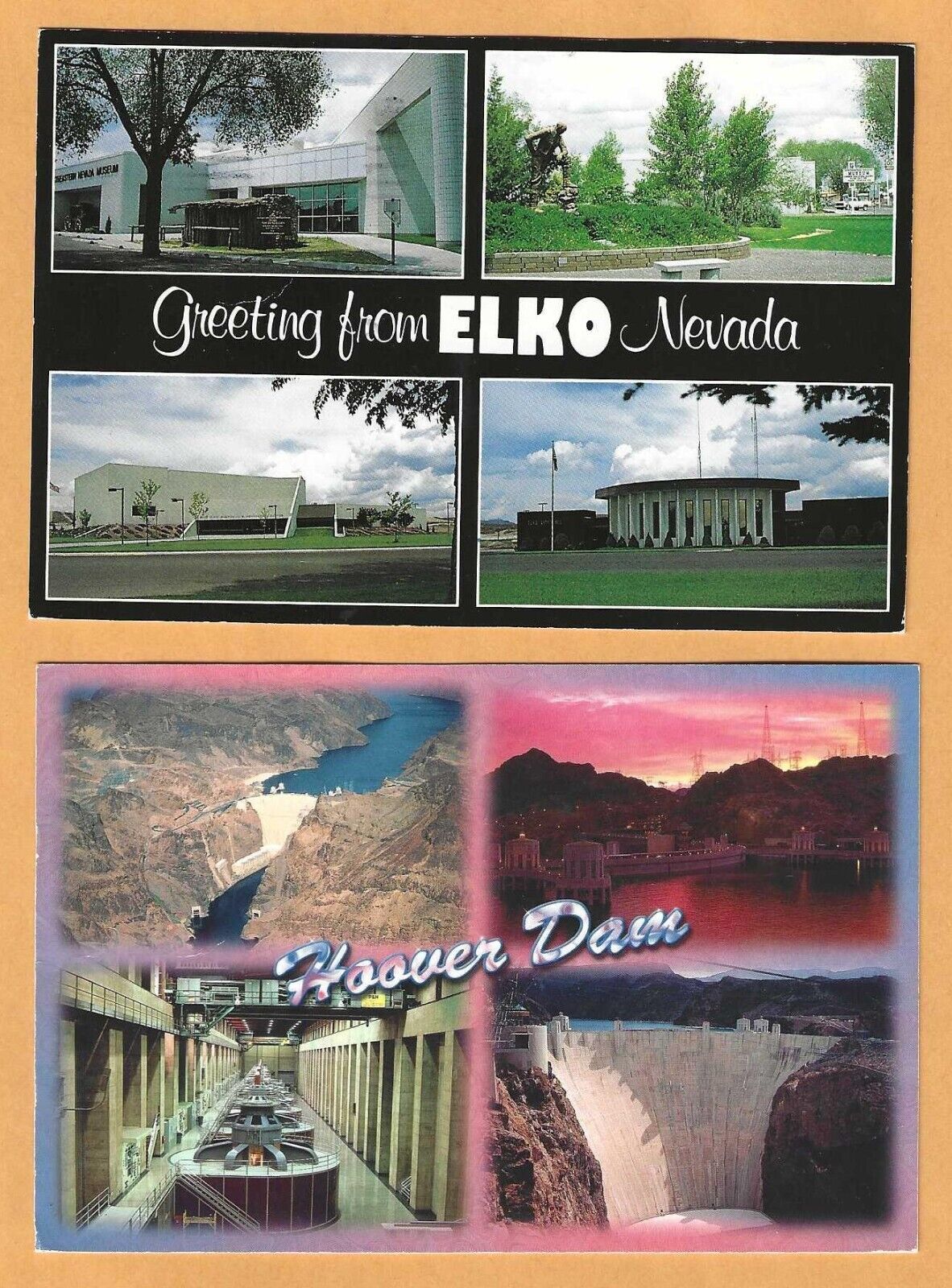 Nevada Post Cards. 3 cards.  4x6.  Virginia City, Elko, Hoover Dam