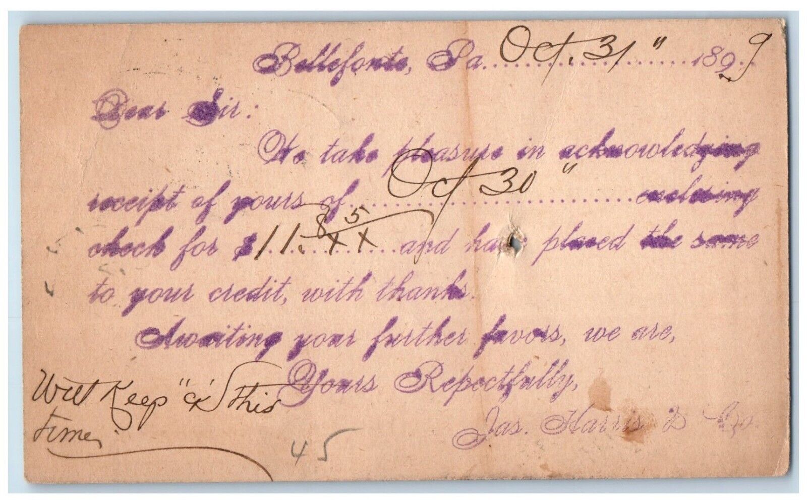 1899 Acknowledging Receipt Jas. Harris & Co. Bellefonte Fleming PA Postal Card