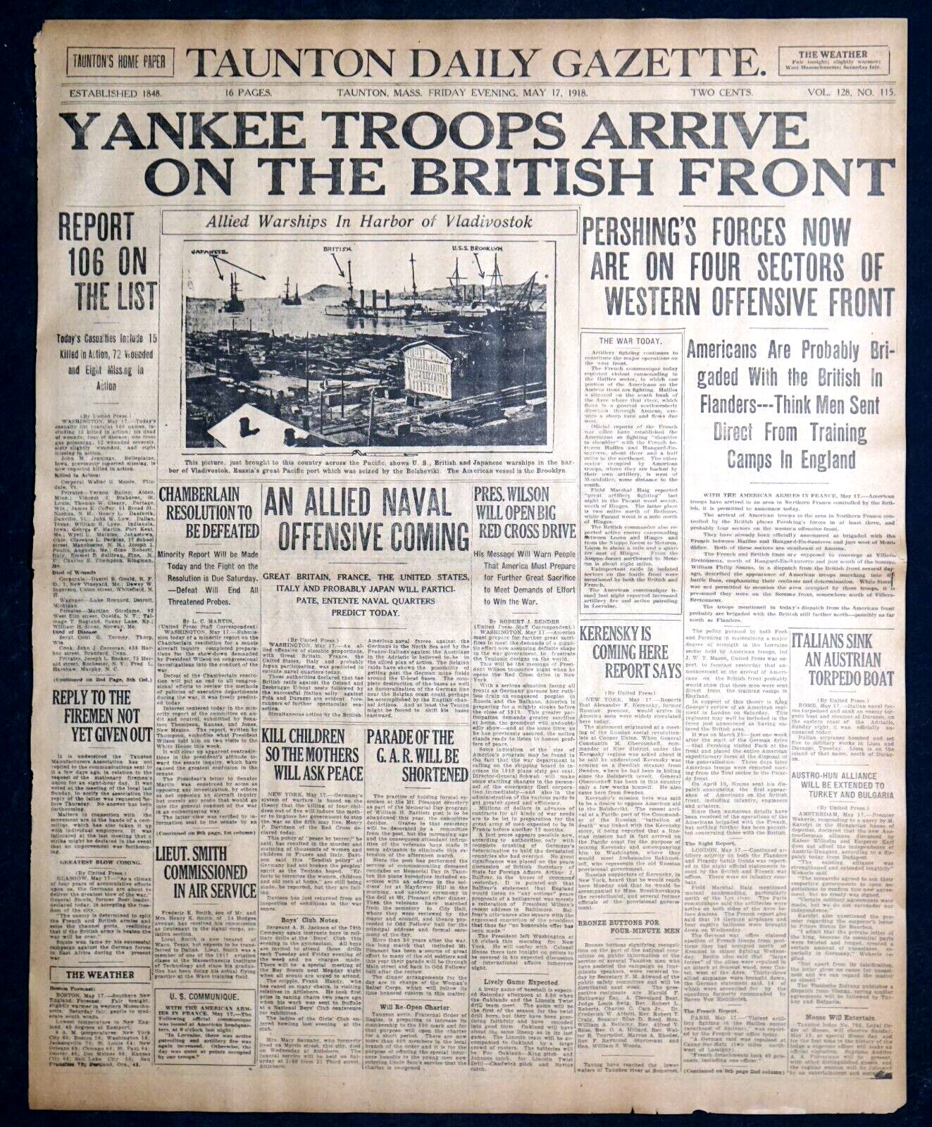 1918 Newspaper Front Page - WW1 U.S. Yankee Troops Arrive on The British Front