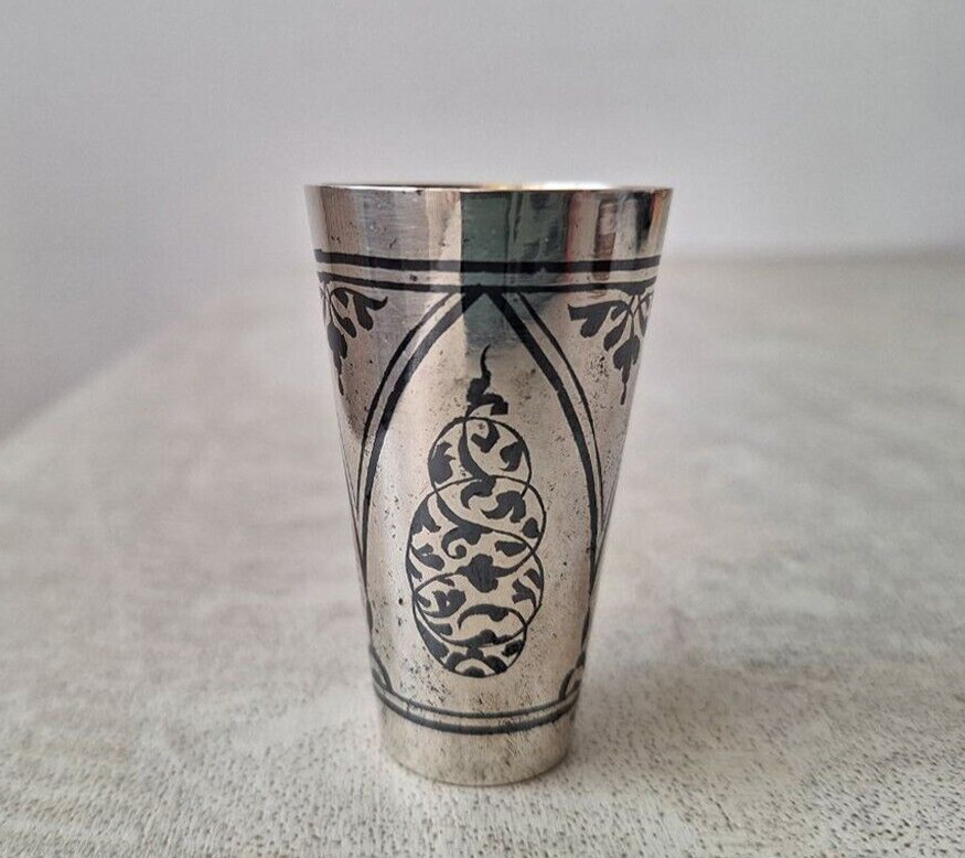 Vintage Russian 875 Niello Shot Glass, Silver Enameled Kubachi Stack, Cup