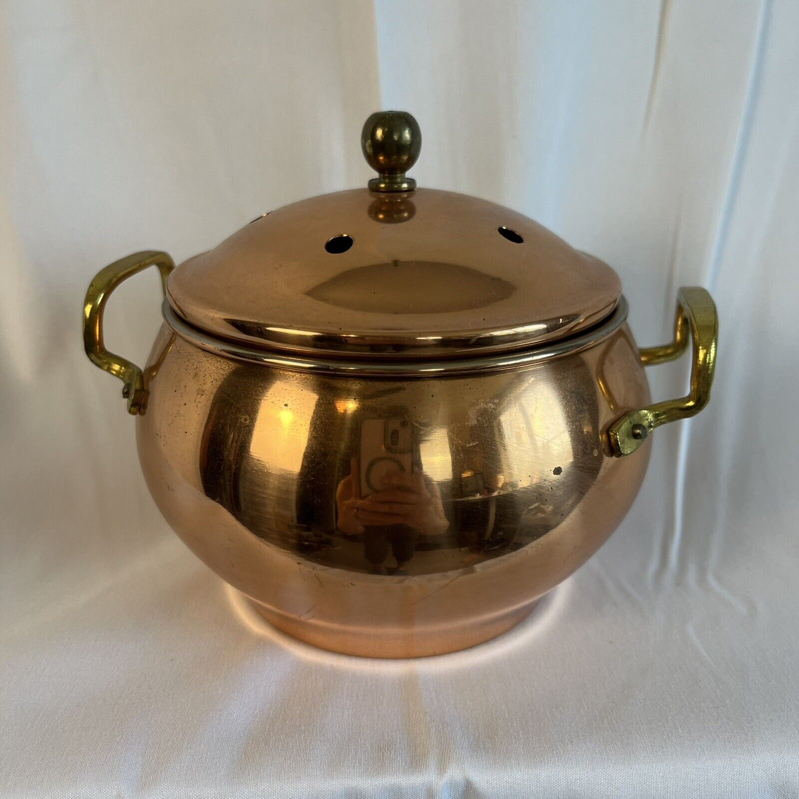 Vintage Copper Potpourri Pot & Lid Holes & Brass Handles 6.25”
