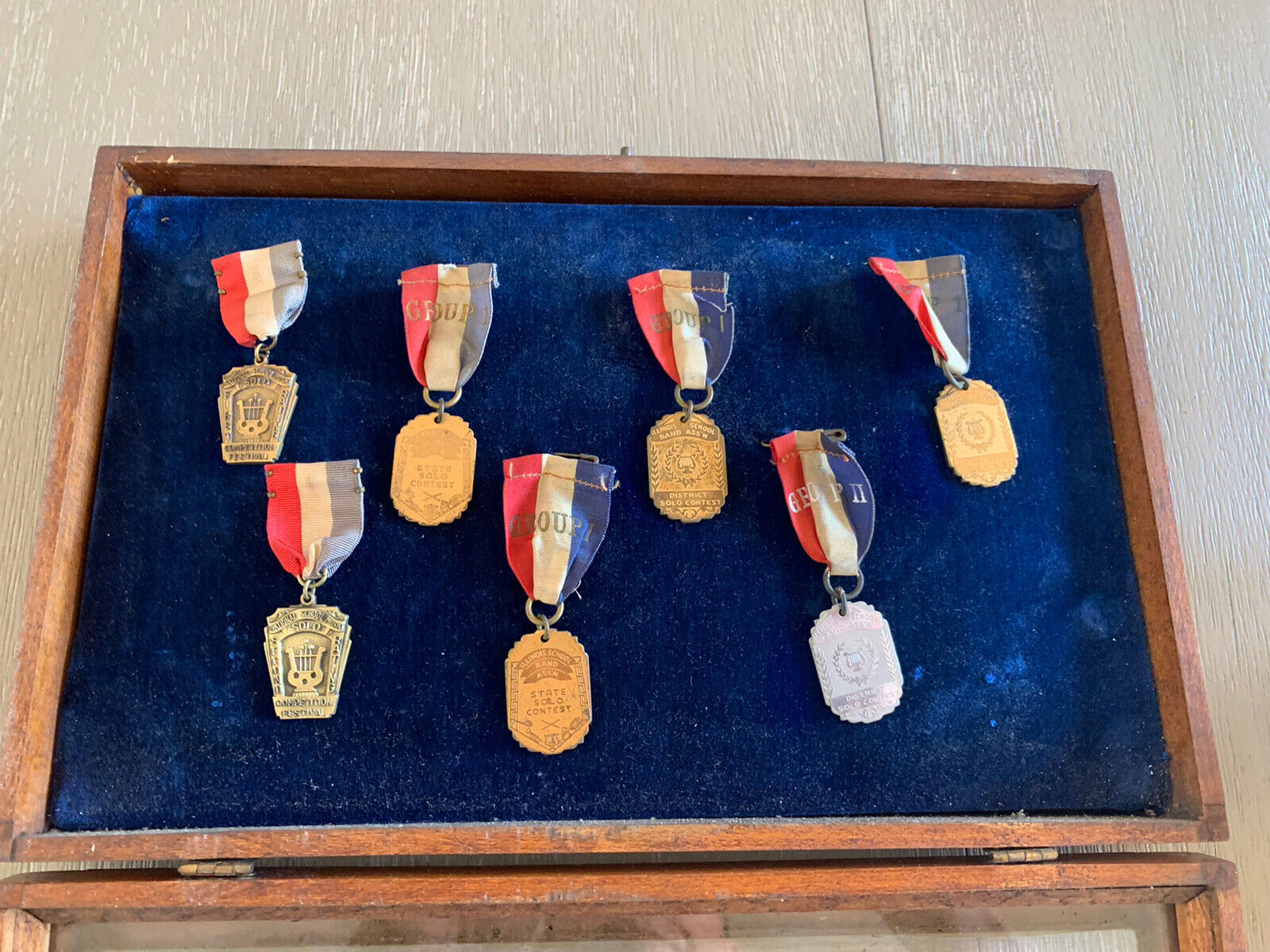 7 Vintage Illinois School Band Medals W/Wooden Display Case