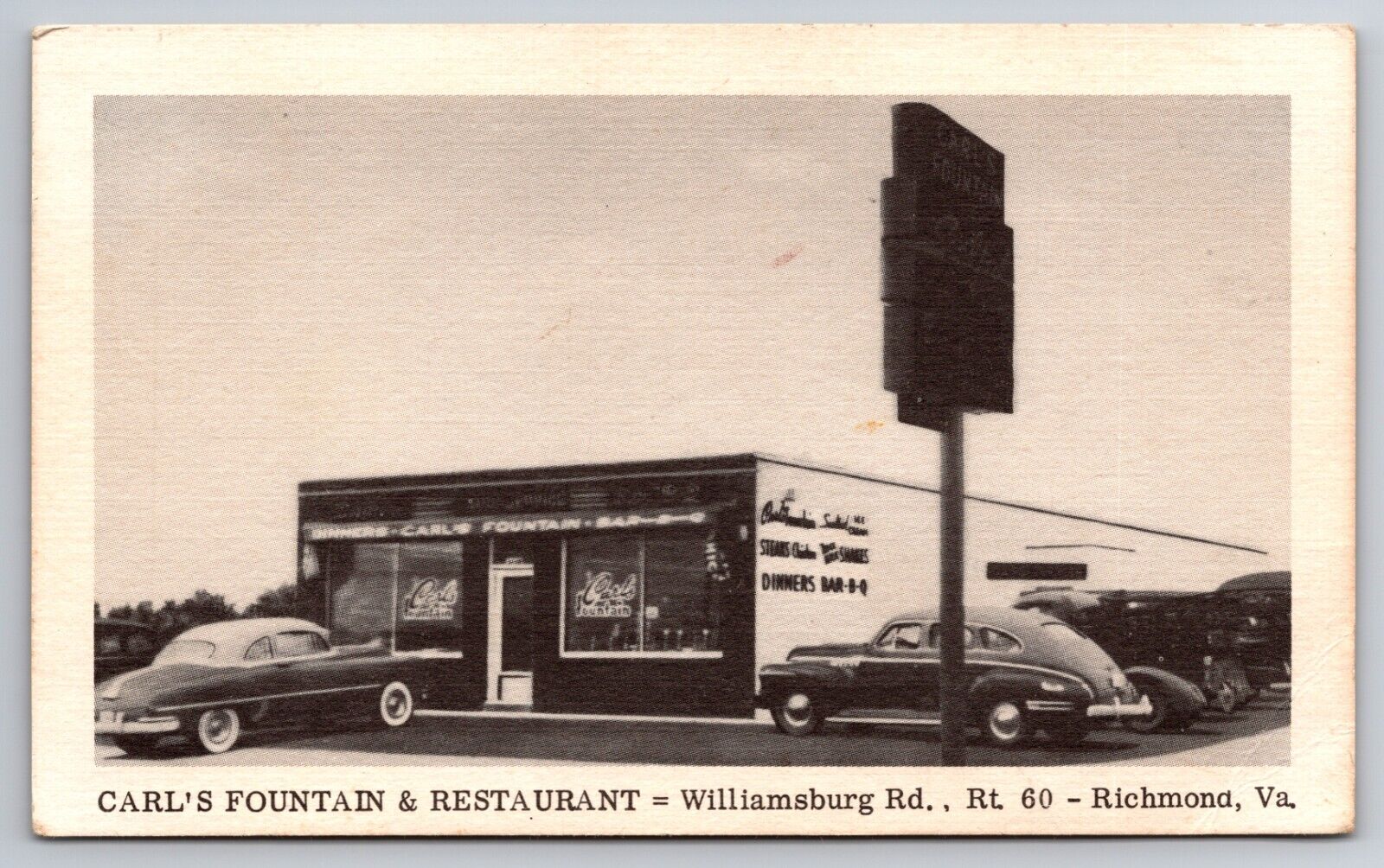 Carl's Fountain & Restaurant Richmond Virginia Diner Old Cars c1940s Postcard