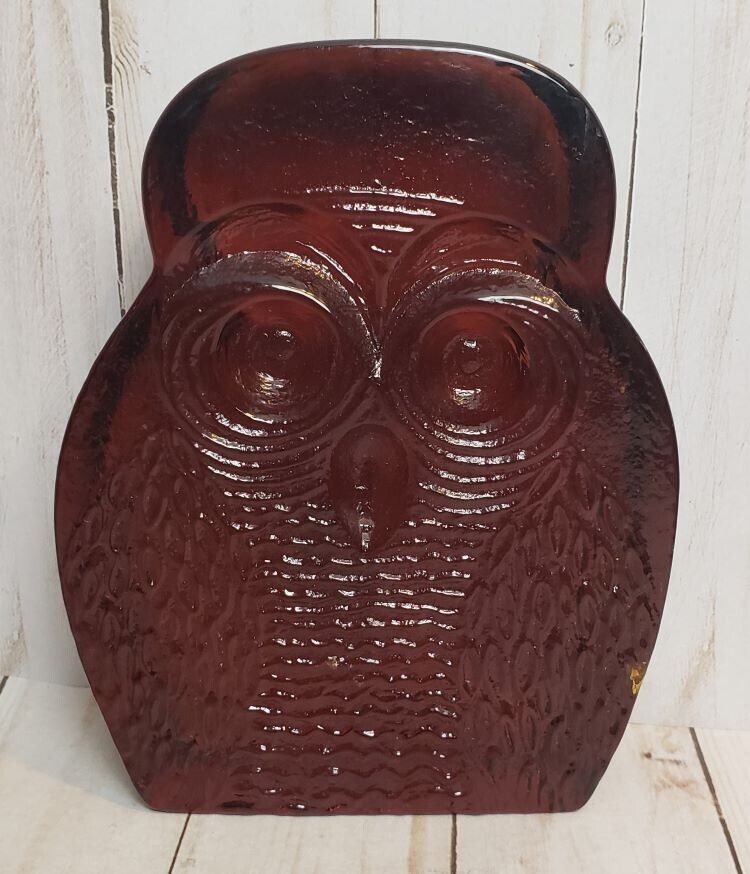 Retro Blenko Joel Myers Dark Amber Glass Owl 7” Bookend Vintage MCM