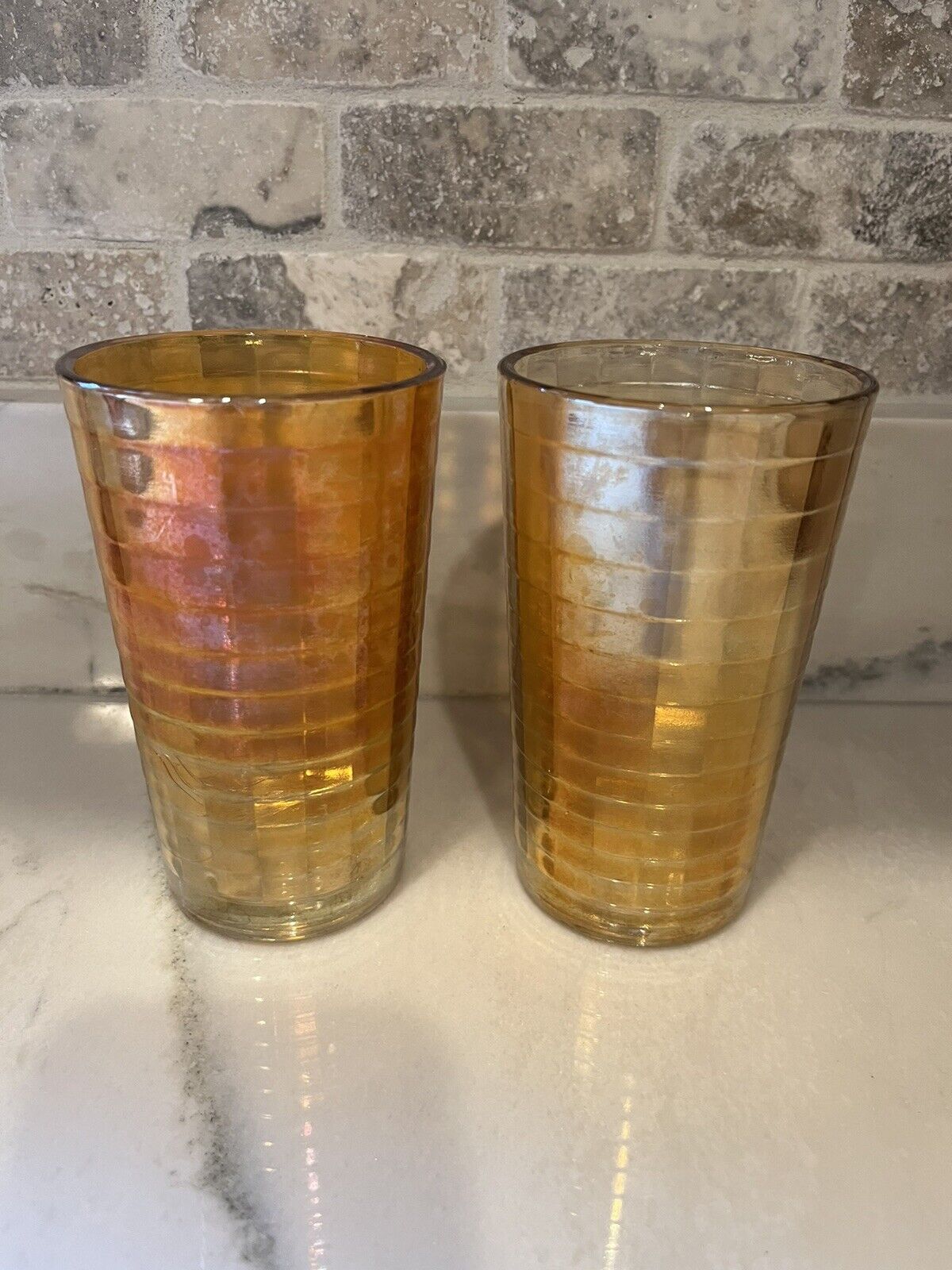 Pair of Jeannette Antique Marigold Banded Pattern Carnival Glass Tumblers
