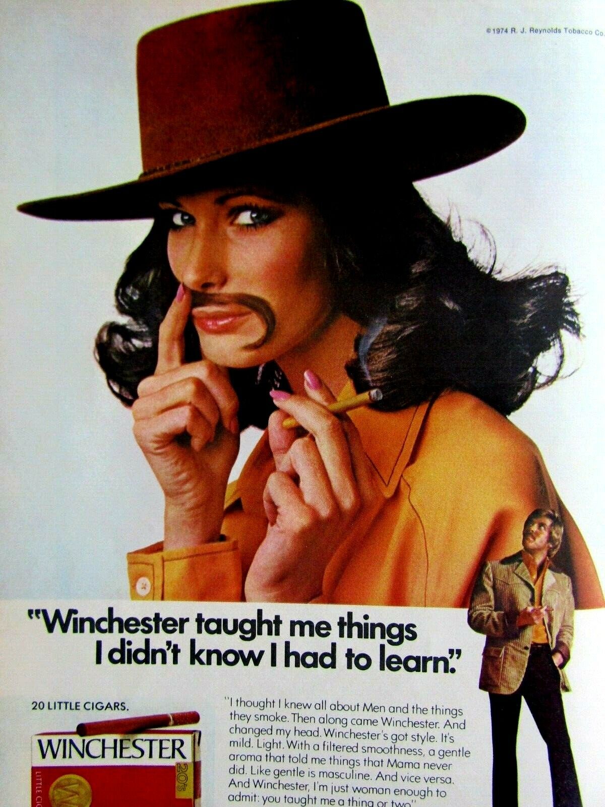 1974 Winchester Taught Me Things Girl Fake Mustache Original Print Ad 8.5 x 11\