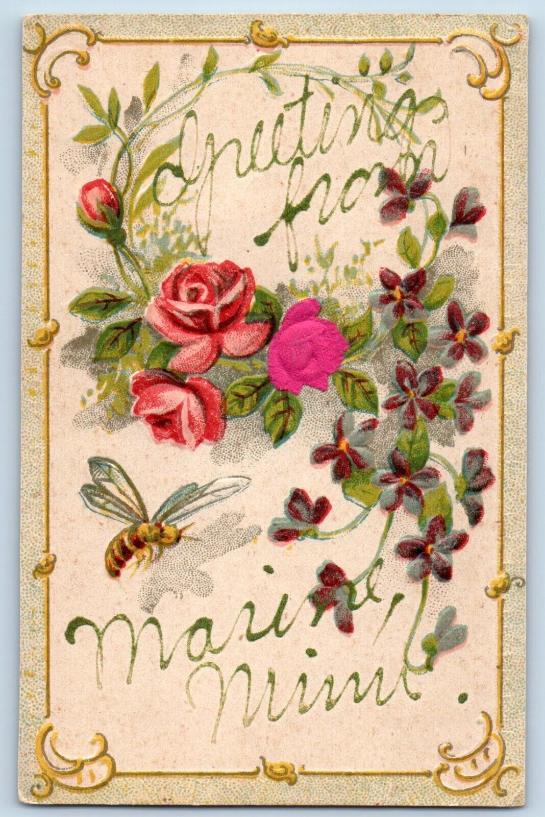 Marine Minnesota Postcard Embossed Glitter Greetings Flower 1907 Vintage Antique