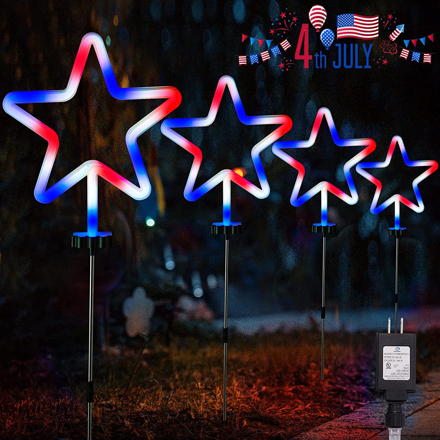 4Th of July Decorations, 4PCS Red White and Blue Lights with Stainless Steel Sta