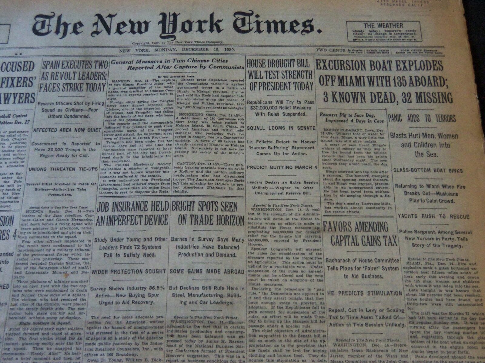 1930 DECEMBER 15 NEW YORK TIMES - EXCURSION BOAT EXPLODES OFF MIAMI - NT 5638