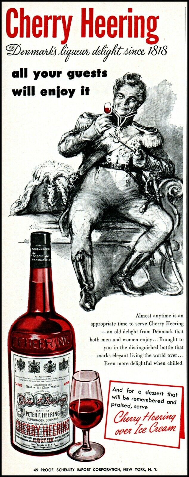 1955 Cherry Heering Denmark liqueur 1818 bottle glass vintage art Print Ad adL66