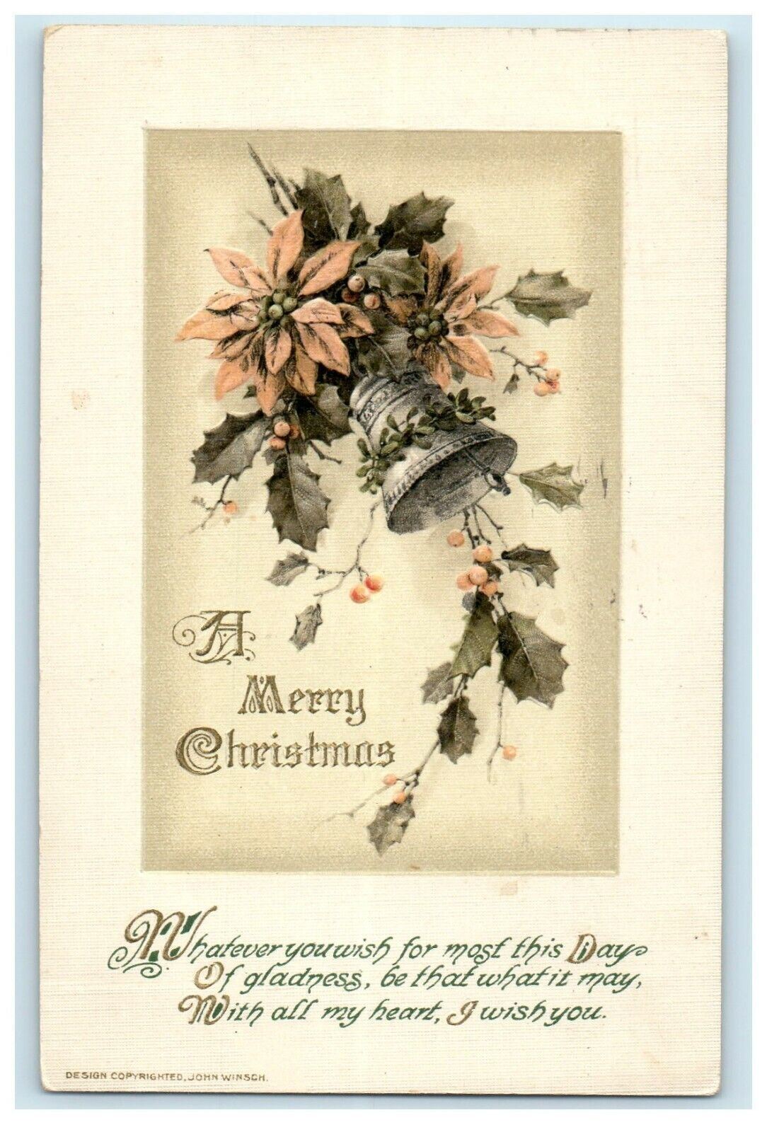 1920 John Winsch Christmas Holly Poinsettia Bell Embossed Antique Postcard
