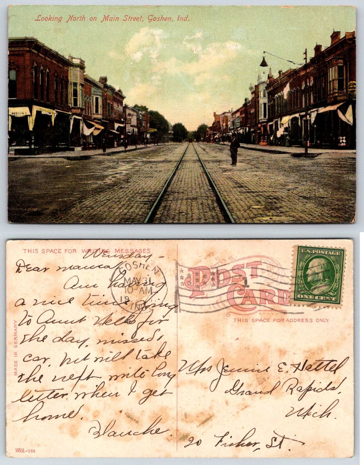 Goshen Indiana NORTH ON MAIN ST TROLLEY TRACKS Postcard k193