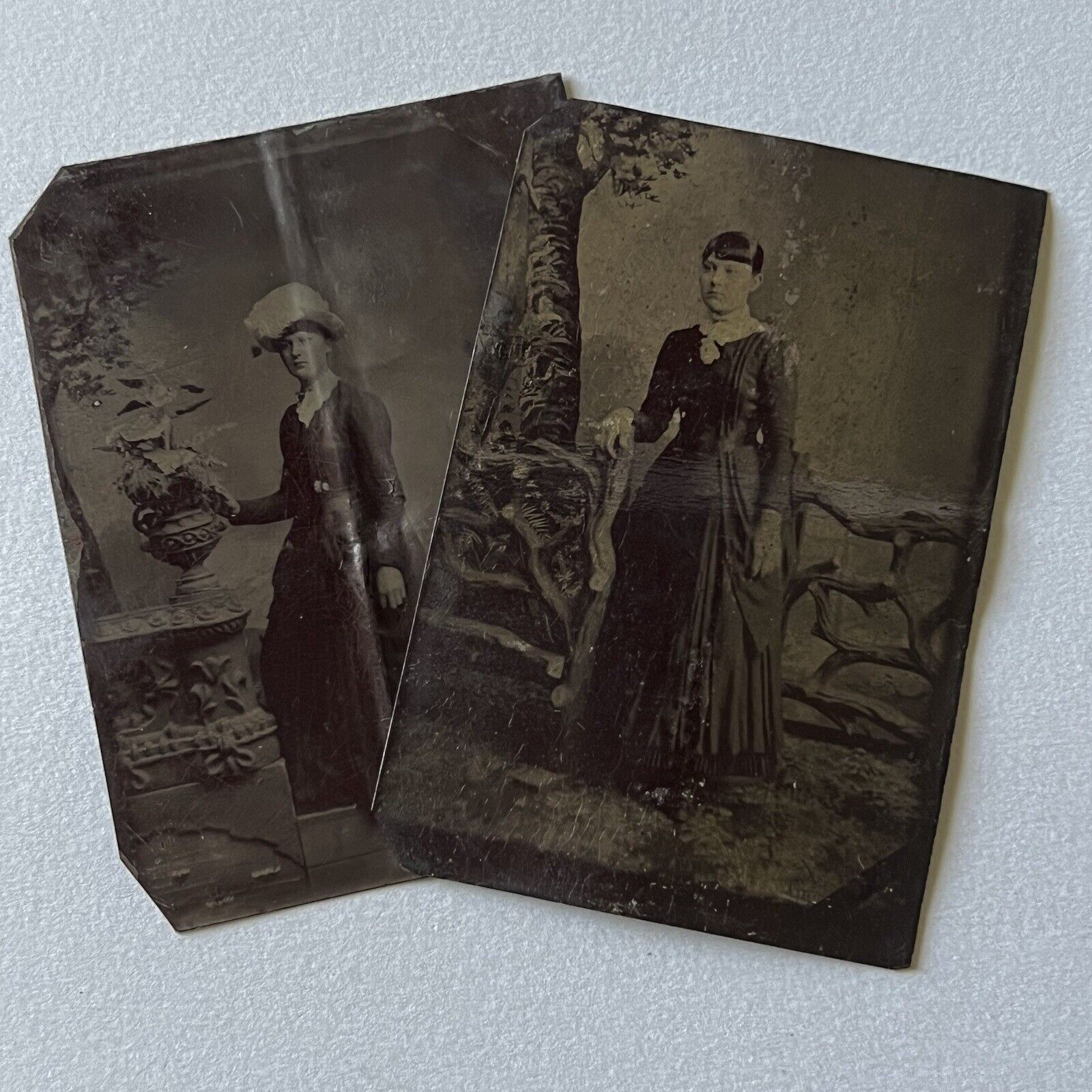 Antique Tintype Photograph Beautiful Fashionable Women Distressed Lot Of 2