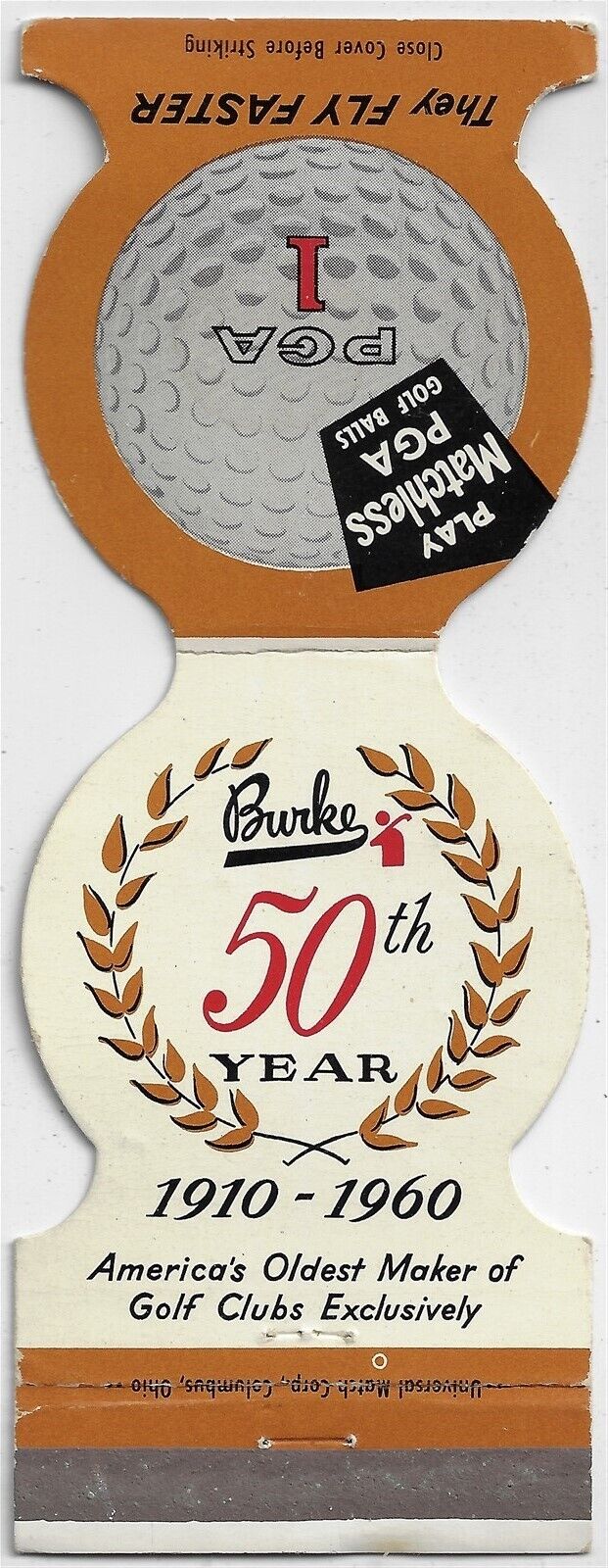 Burke 50th Year 1010-1960 PGA Golf Equipment Jewelite Empty Matchbook Cover