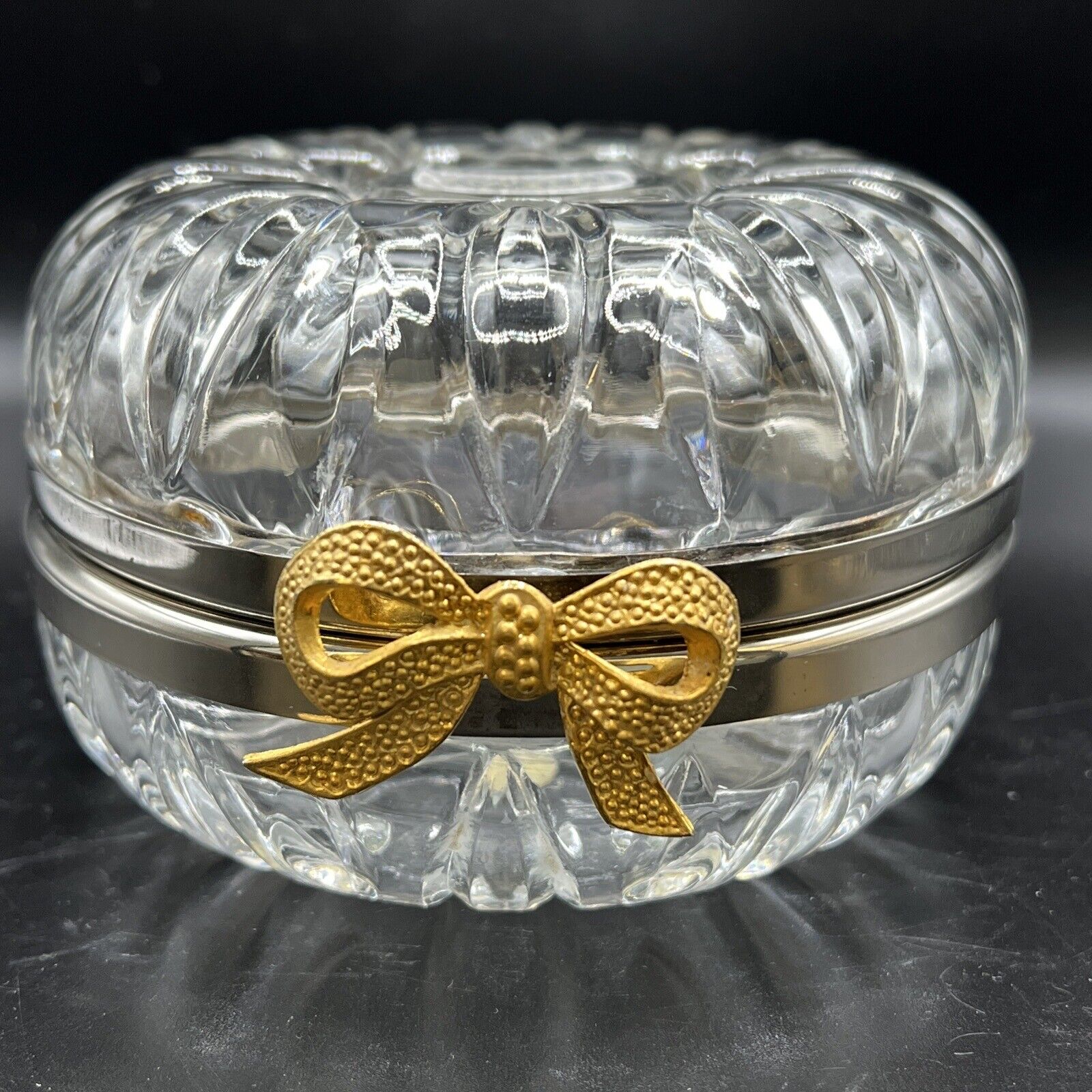 Vtg Swiss Crystal Trinket Jewelry Vanity Box Hinged Lid Bow Gold Silver READ