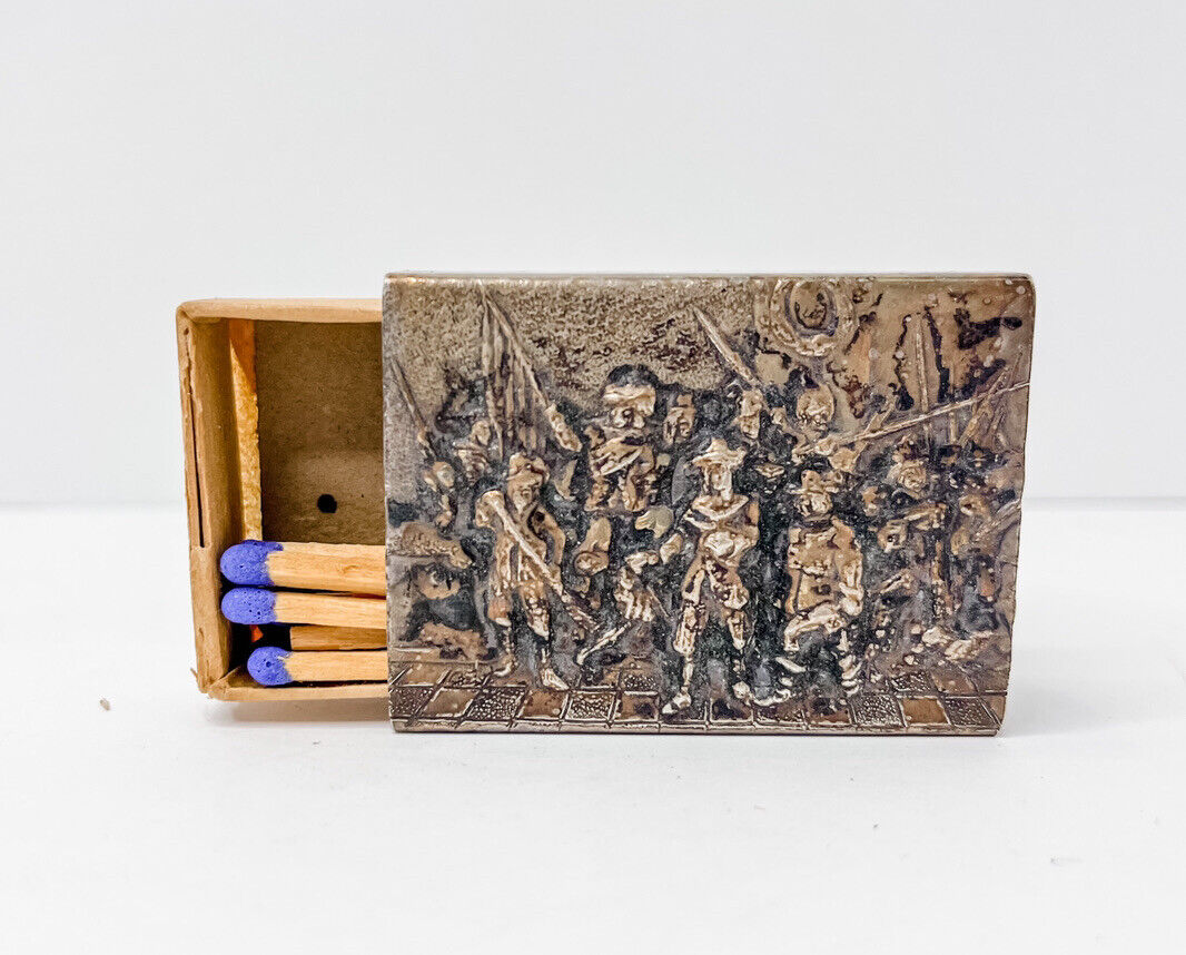 Silver Carved Matchbook Historical Dutch Military? w/ Wooden Slide Antique