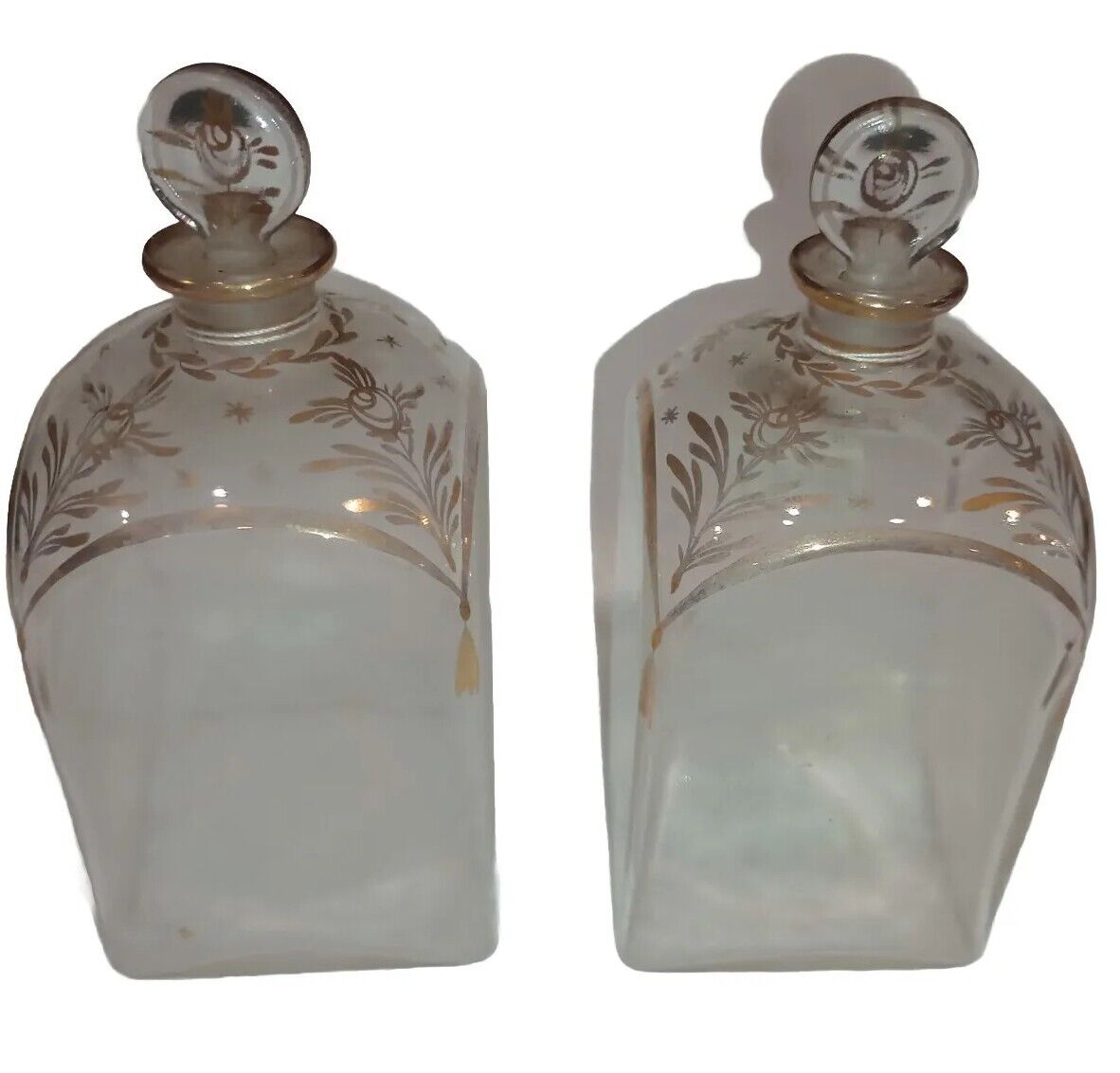 2 Matching Antique Hand-Blown Glass Liquor Decanter Circa 1800 gold Leaf