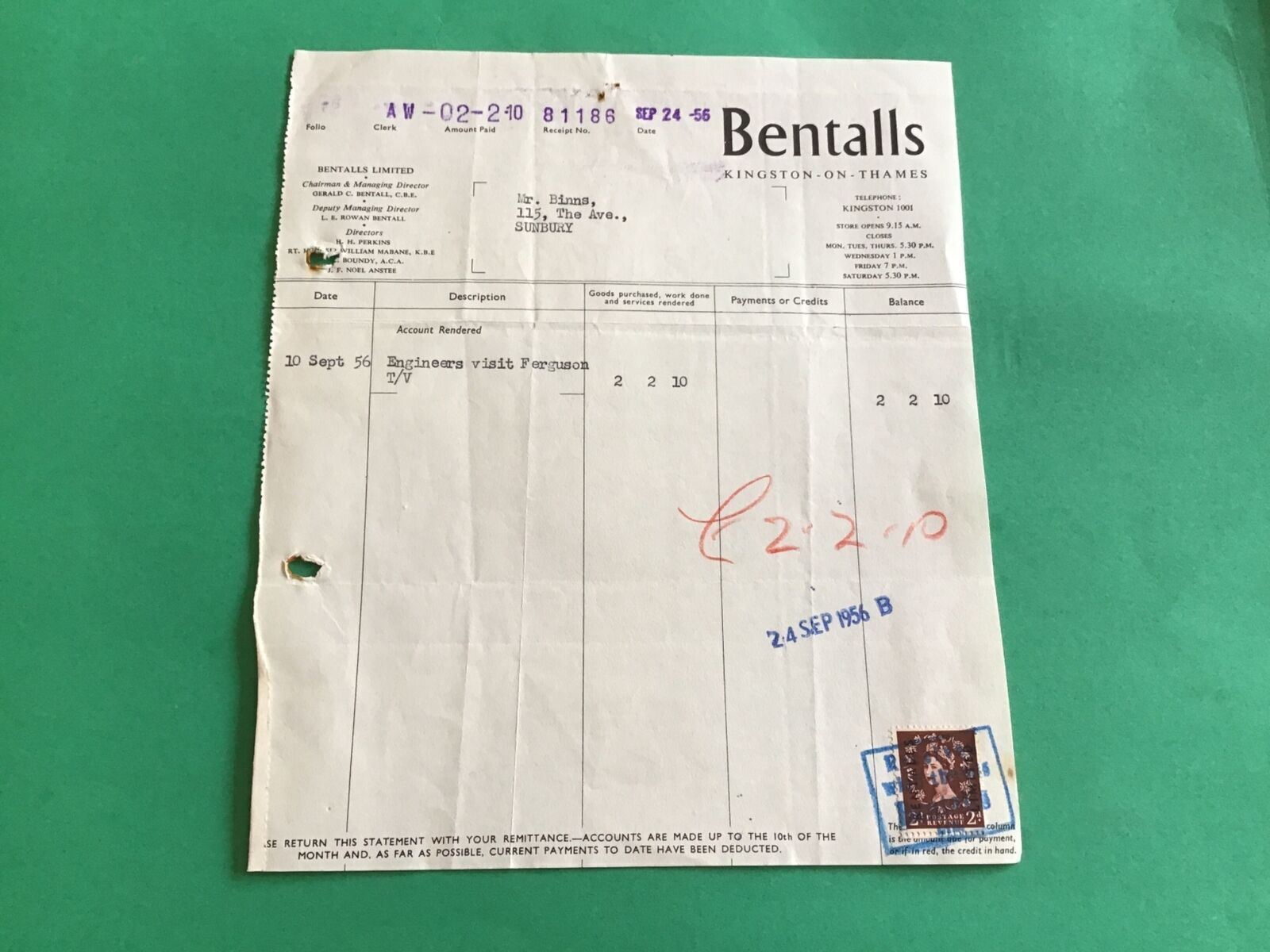 Bentalls  Kingston Upon Thames Ferguson TV Engineers Visit 1956  receipt R38046